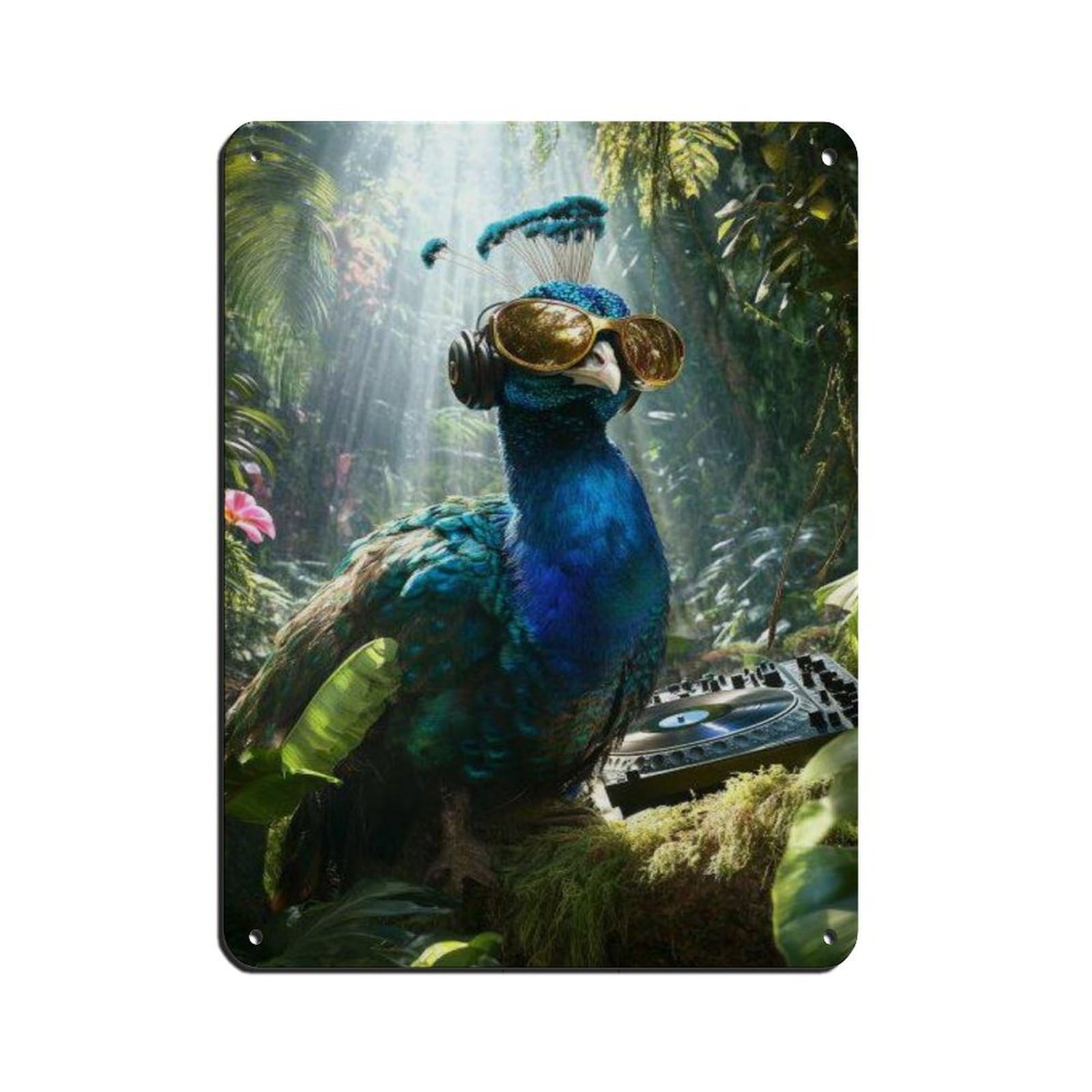Cool Peacock With Headphones DJ Art Retro Poster Metal Tin Sign Chic Art Retro Iron Painting Bar People Cave Cafe Family Garage Poster Wall Decoration 12x16inch(30x40cm)