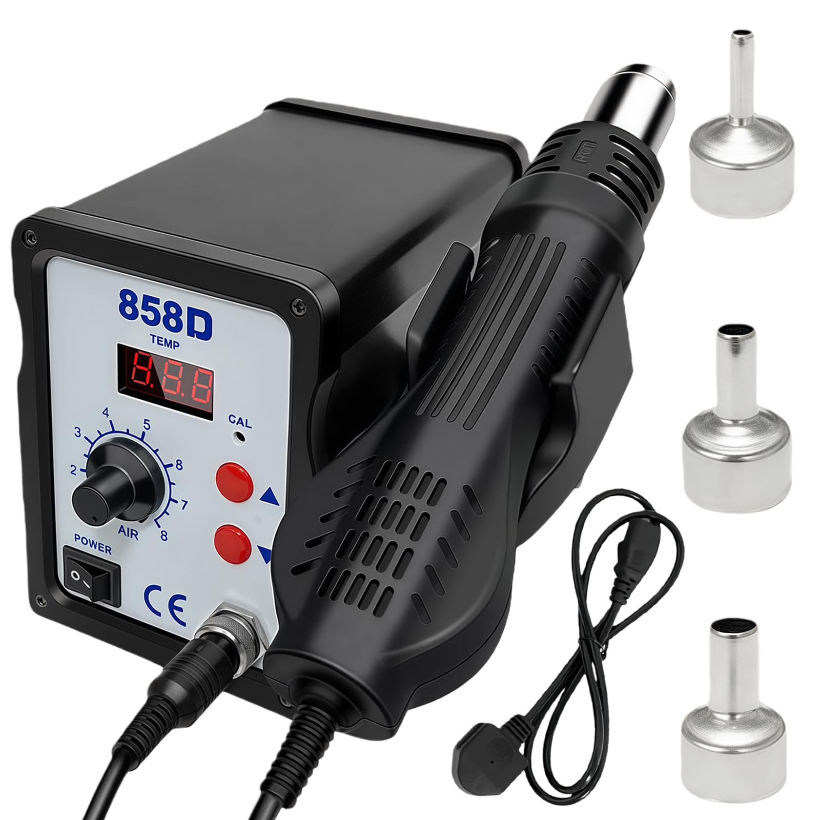 Stazione di saldatura ad aria calda 858D, 700 W, stazione di saldatura ad aria calda, saldatrice ad aria calda, temperatura regolabile e volume dell'aria, display digitale, 100 – 450 °C, auto Start