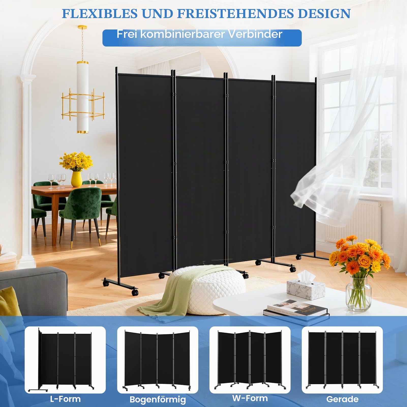 WELDUN Raumteiler mit Rädern 4 teilig 223,5 cm x 183 cm Paravent Trennwand, Klappbar Sichtschutz Raumtrenner beweglich, Schwarz
