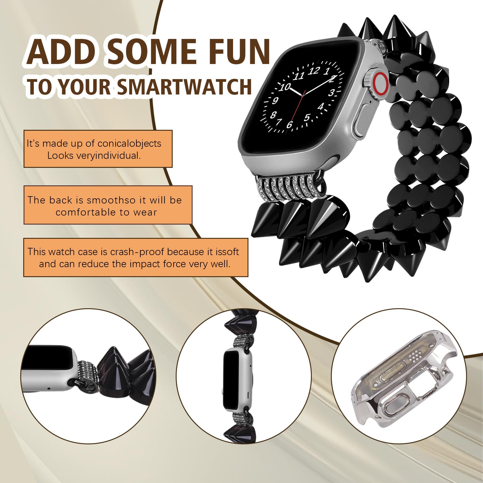 VIQIV Compatible con Apple Watch Ultra 2 Band 41/40/38/44/45/49/42 mm, para mujeres y hombres, con funda protectora, elegante, gótico, punk, correa elástica de metal, remaches, pulsera elástica de