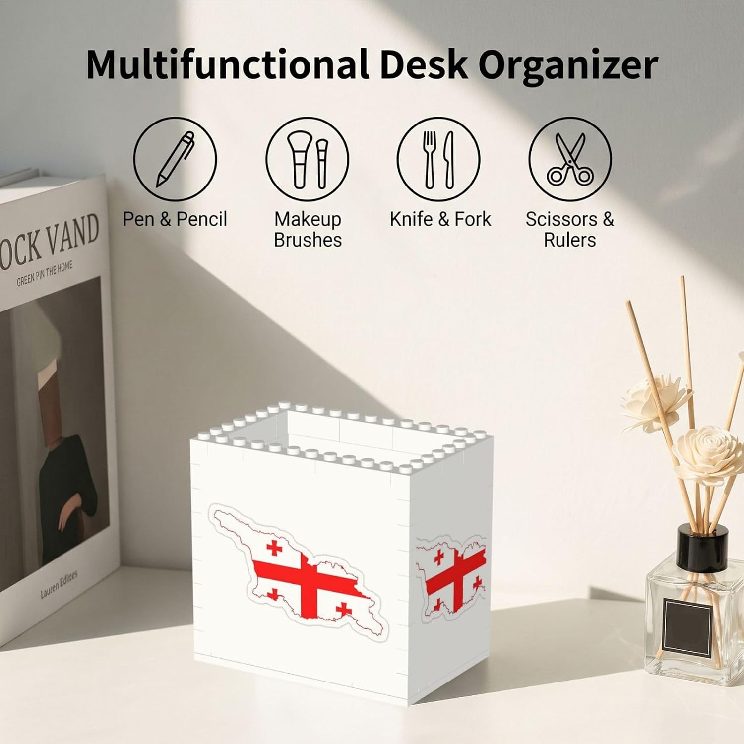 Flag Map Of Georgia Print Uv Print Block Pencil Cup, Detachable Creative Block Desk Organizer Office Abs Pen Holder image 5