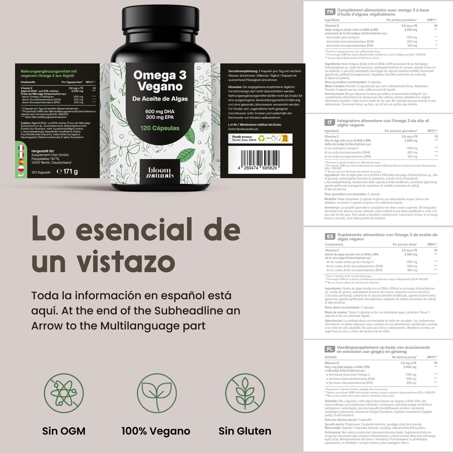 Omega 3 Capsulas – 120 cápsulas – 2000 mg por día – 600 mg EPA, 300 mg DHA
