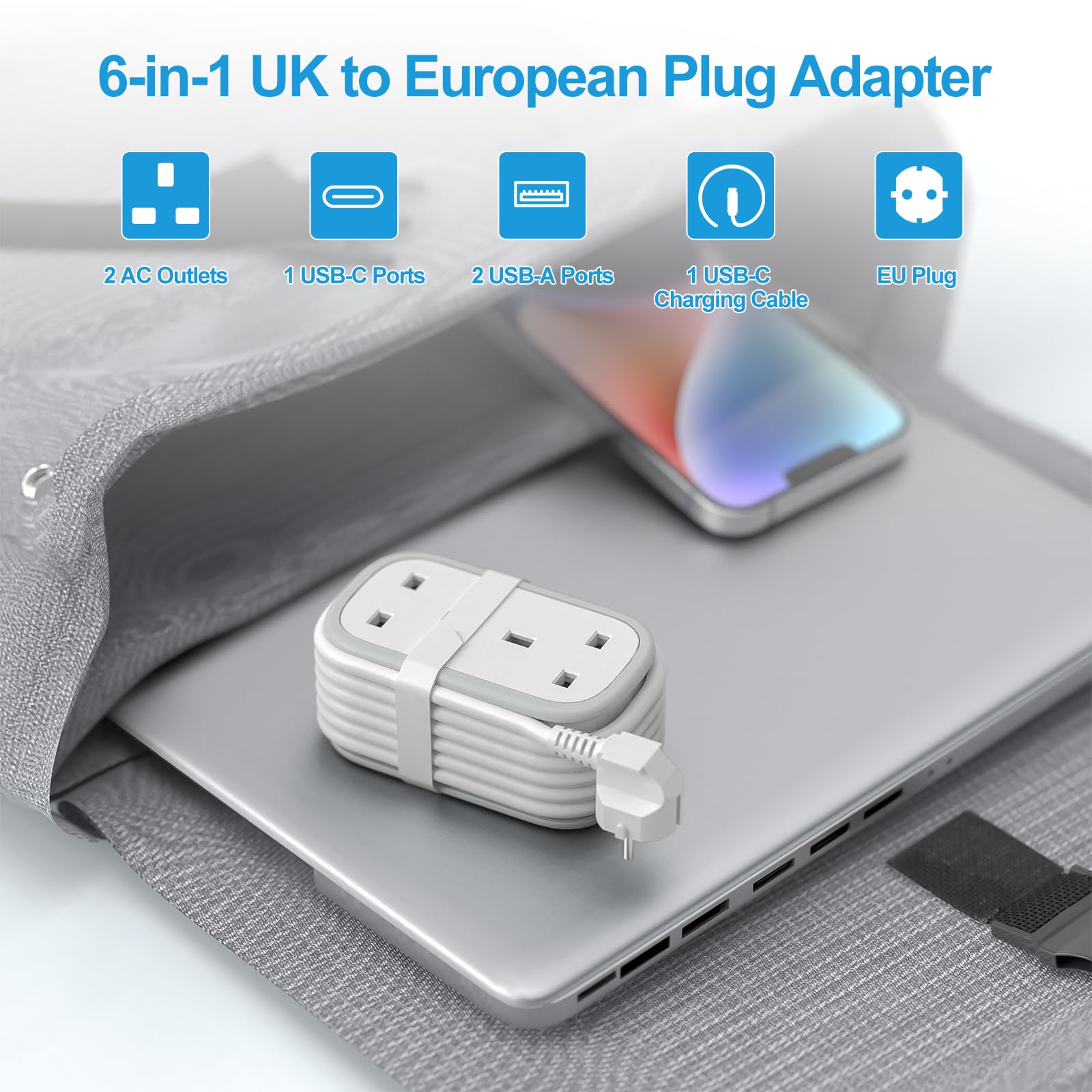 UK to European Plug Adapter with 1.5M Extension Cable, BEVA 2 Way 3 USB (2A+1C) Travel Adapter with Retractable USB C Cable for Germany France Spain Turkey Greece Iceland etc (Type E/F) — view 2