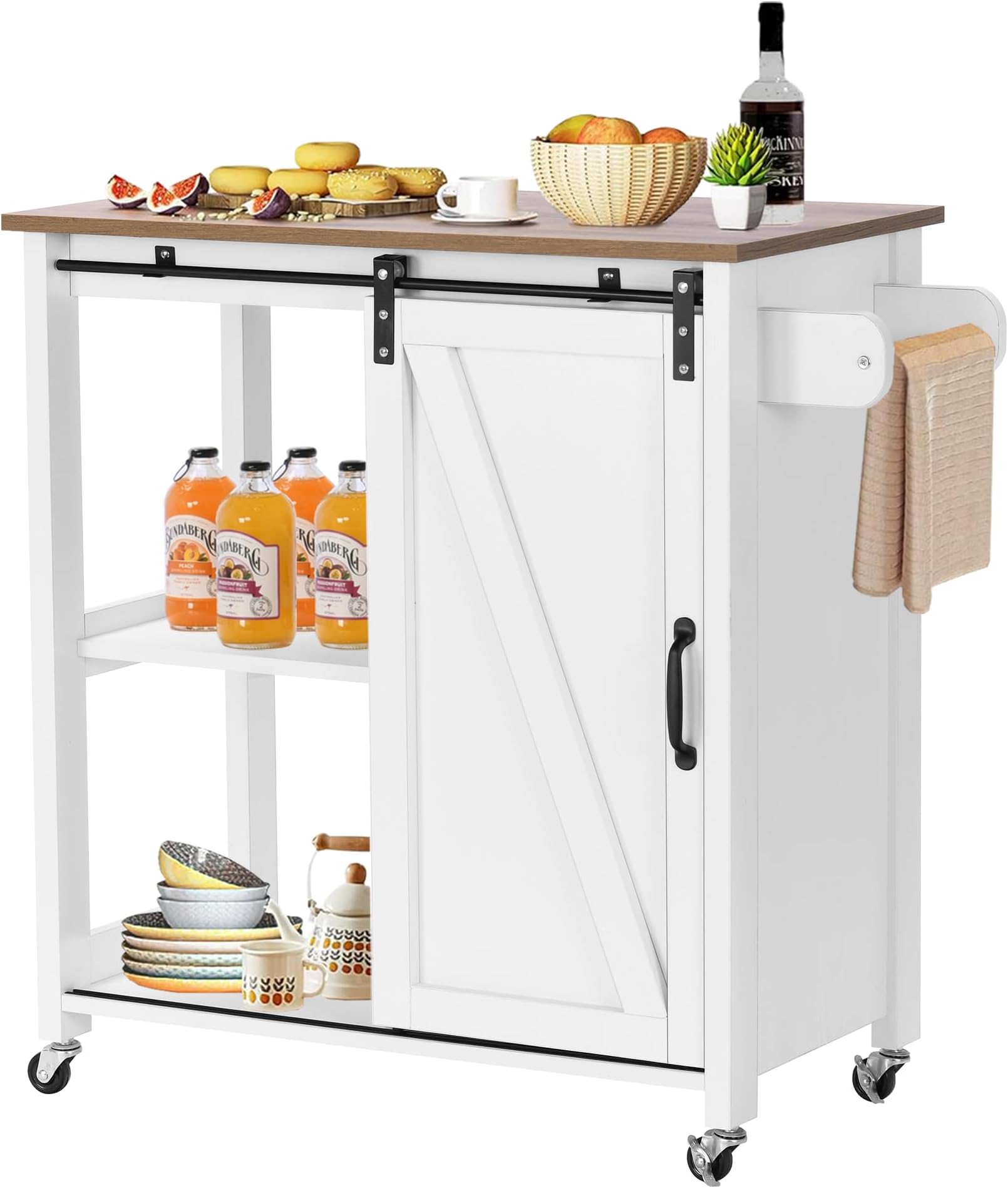 Small Kitchen Island with Storage, White Kitchen Storage Cart on Wheels, Kitchen Coffee Cart with Sliding Barn Door, Rolling Kitchen Island for Kitchen