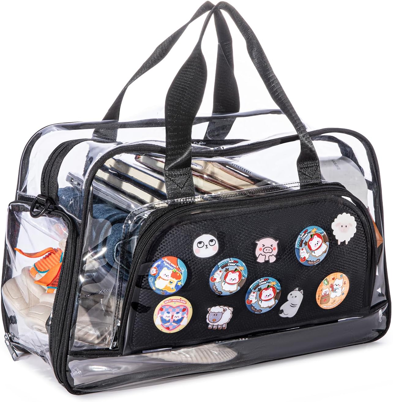Clear Duffle Bag for Women with Anime Pins Display & Shoe Compartment, Waterproof and Convertible Crossbody for Anime Conventions, Stadium Events, Yoga, Travel & Gym (black)