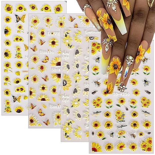 Sunflower Nail Art Stickers 5D Embossed Summer Yellow Sun Flower