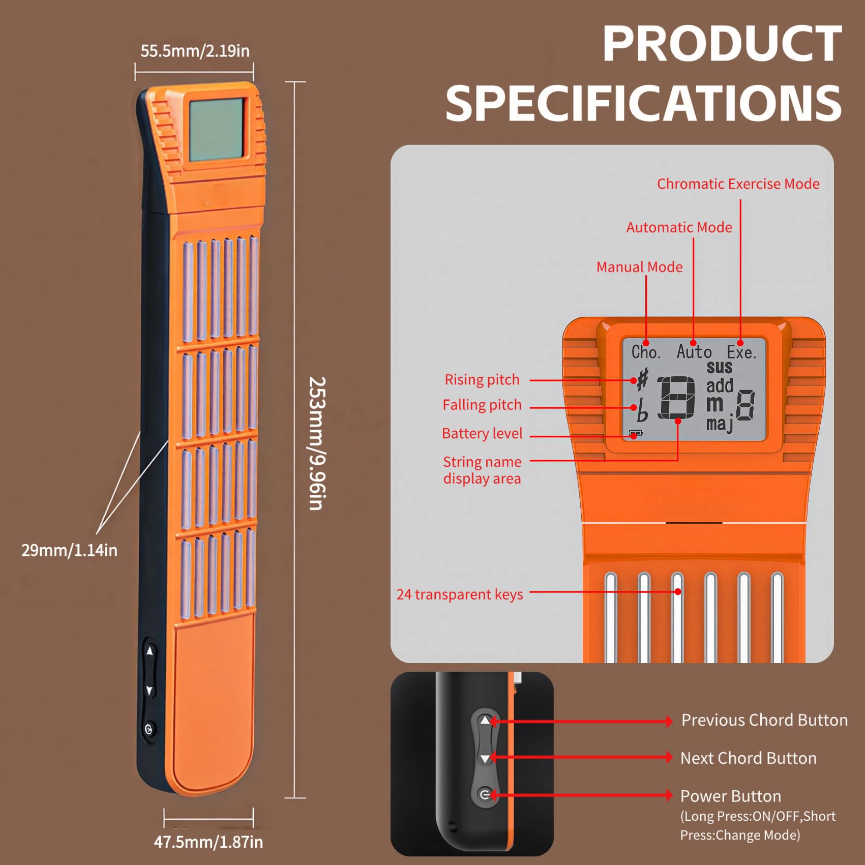 Digital Guitar Chord Trainer, tragbare 6-Bund-Gitarre Training Tool mit rotierenden Chart-Bildschirm, Anfänger Praxis Tool mit Akkord Chart Metronom, SCT-80 (Orange verbesserte Version)