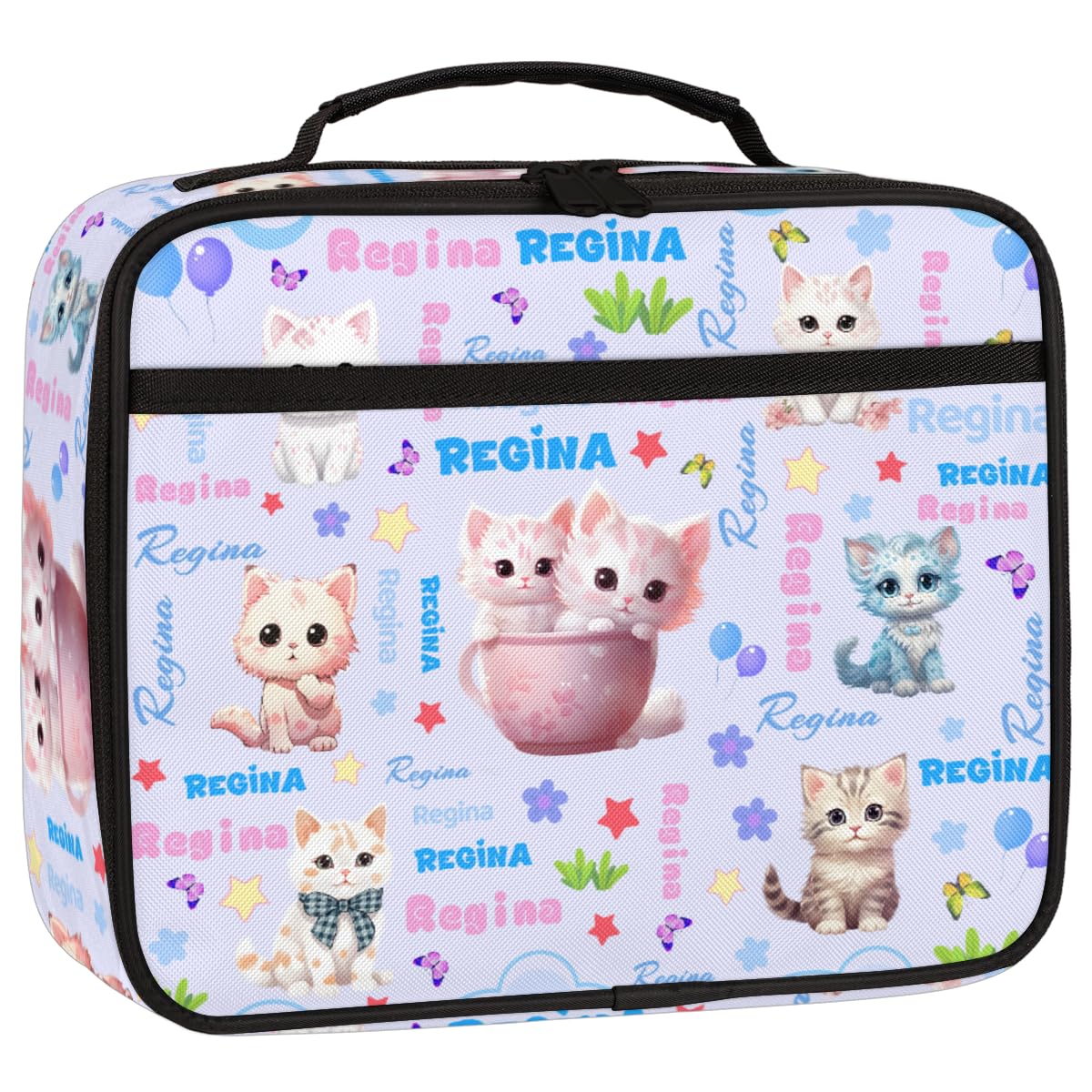 RIRIXING Personalised Lunch Box for Kids - Insulated School Lunch Bag with Name Customisation, Kids Snack Boxes with Handles, Animal Cat