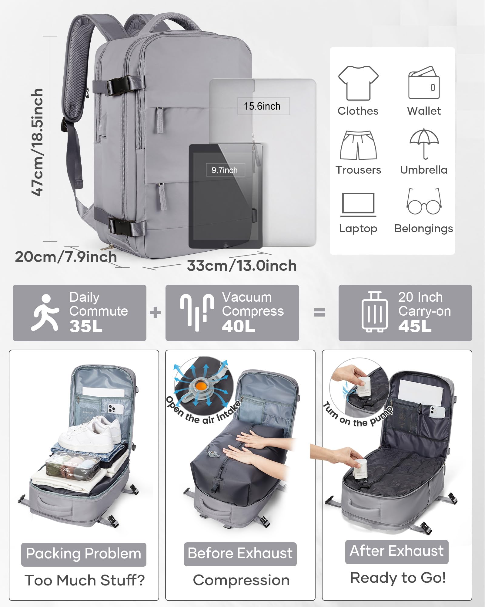 SZLX Sac à Dos Sous Vide Bagage à Main Pour Femmes, Sac à Dos Airbag Avec Système De Vide Pour Le Voyage, Ryanair Travel Ruscksack Taille Cabine Avec Pompe étanche Valise Sous Vide Pour Homme