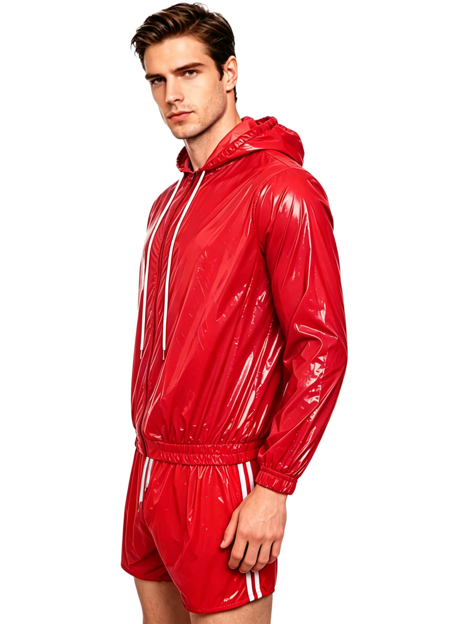 Jugaoge Herren Glänzendes Sport Kleidung Set Kapuzenspullover Zipper Hoodie und Fitness Shorts 2 Teillig Laufen Wandern Radfahren Outfits Clubwear