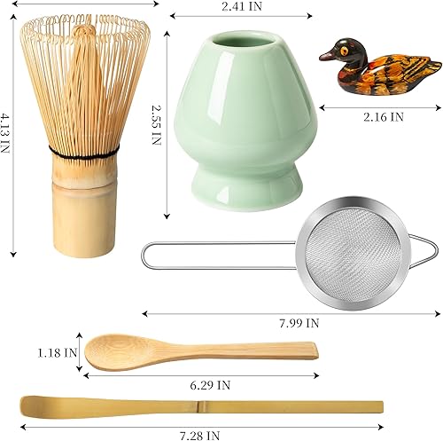 Miniatura 2 de Juego de batidor de matcha, kit de fabricación de matcha (soporte Chasen), soporte de batidor de cerámica (verde claro), cuchara de bambú, tamiz de