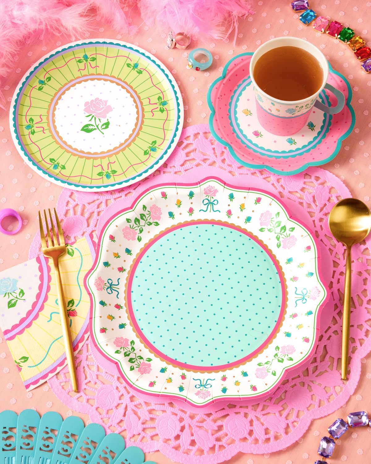 xo, Fetti Tea Party Plates - 32pk, 16 9" + 16 7" | Garden Party, Birthday Decorations, Pastel Pink Teal Yellow, Easter Spring Brunch, Mothers Day, Floral