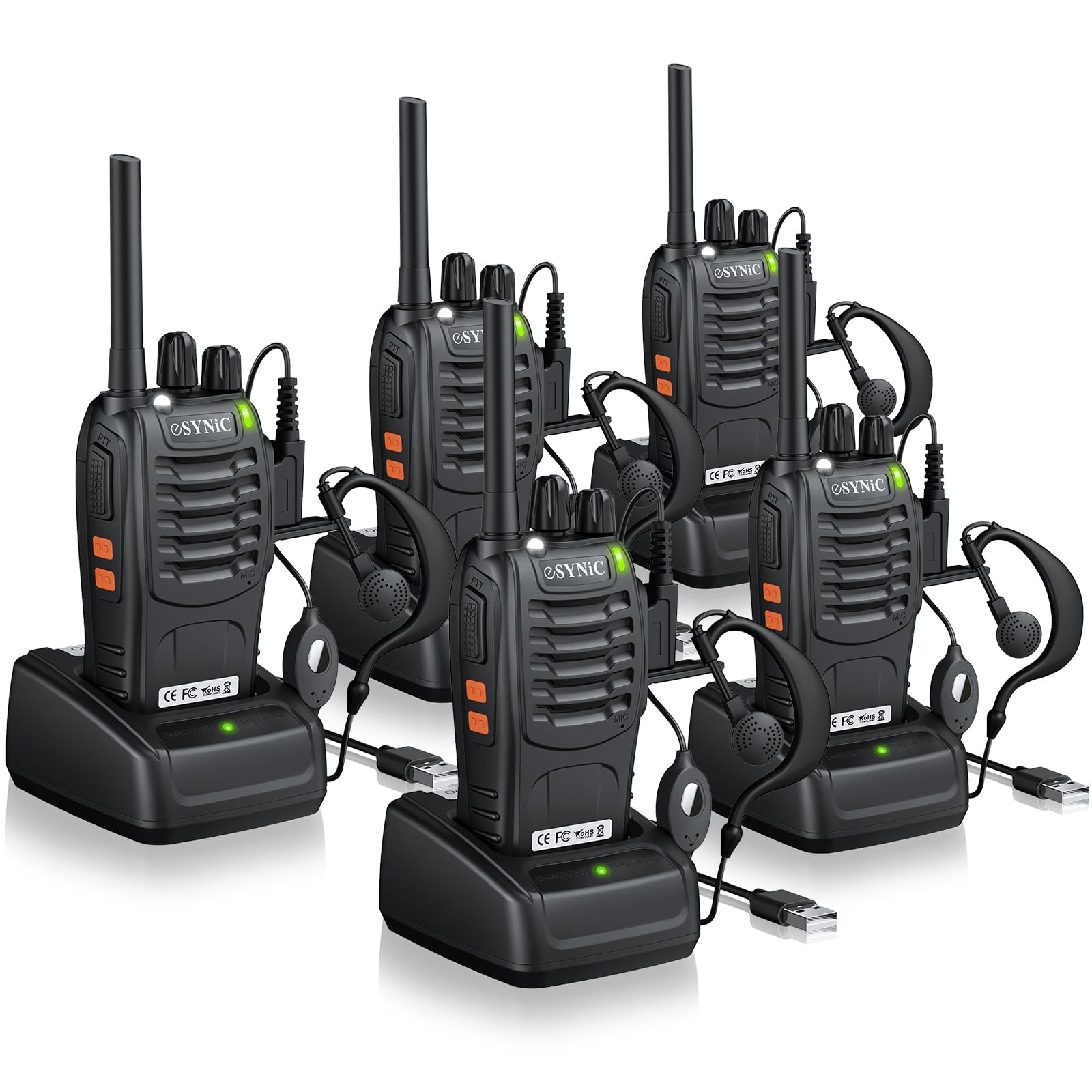 eSynic Walkie Talkies Radio de 2 vías PMR446MHz Walkie Talkie de Largo Alcance con 2 Piezas Auriculares Originales Walky Talky 16CH Banda Única Compatible con Luz LED VOX para Ciclismo y Senderismo