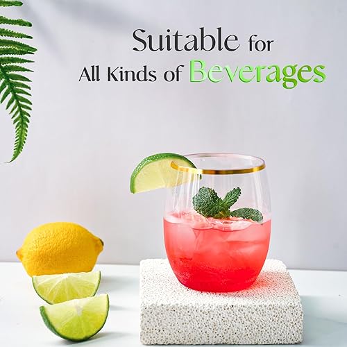 Miniatura 6 de FOCUSLINE Paquete de 32 copas de vino de plástico de 12 onzas  Copas de vino desechables sin tallo, de plástico con borde dorado, copas de vino