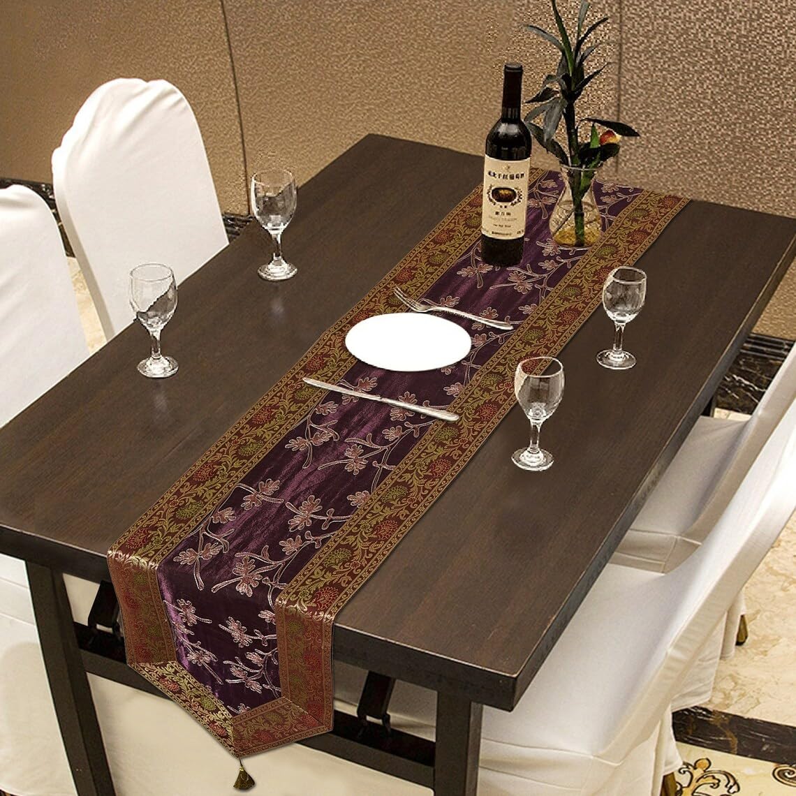 E -Ezra Silk Table Runner Tringle Pattern Table Decor Cloth Embroidered Patchwork Dinning 14 X72 Inch Decorative Table Runner (Brown)