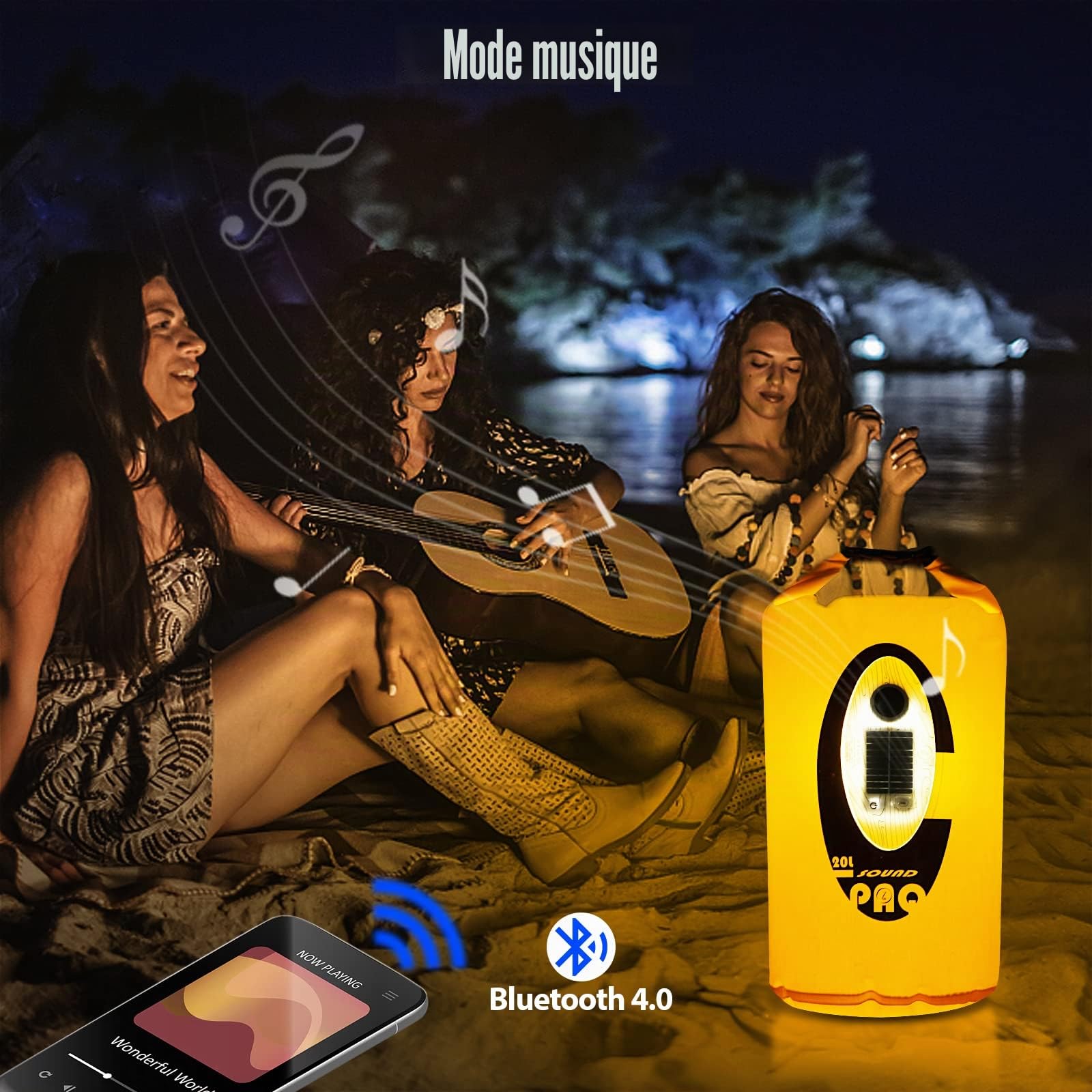 Sac sec flottant submersible imperméable avec haut-parleur Bluetooth lumière solaire – 20 l sur le dessus pour garder le matériel au sec pour kayak, plage, rafting, bateau, randonnée, camping et pêche