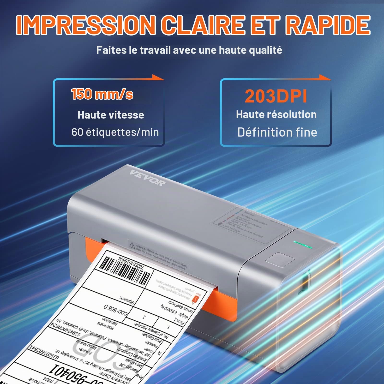 VEVOR Imprimante d'Étiquettes Thermique Direct 4x6 Code à Barres USB Haute Vitesse 150 mm/s 203 dpi pour Colis Expédition Compatible avec Amazon/Ebay/Etsy/UPS Prise en Charge Windows/MacOS/Linux Gris