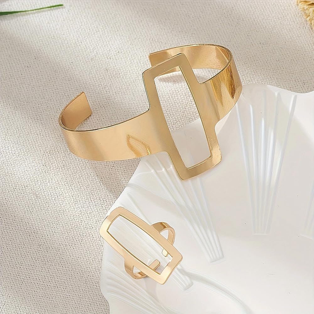 GIGB PBDK Chunky 14K Gold Ring Bracelet Set Punk Exaggerated Open Cuff Bracelets Geometric Simple Hollow Rectangle Ring Jewelry Set Presents for Women Wife - Image 5