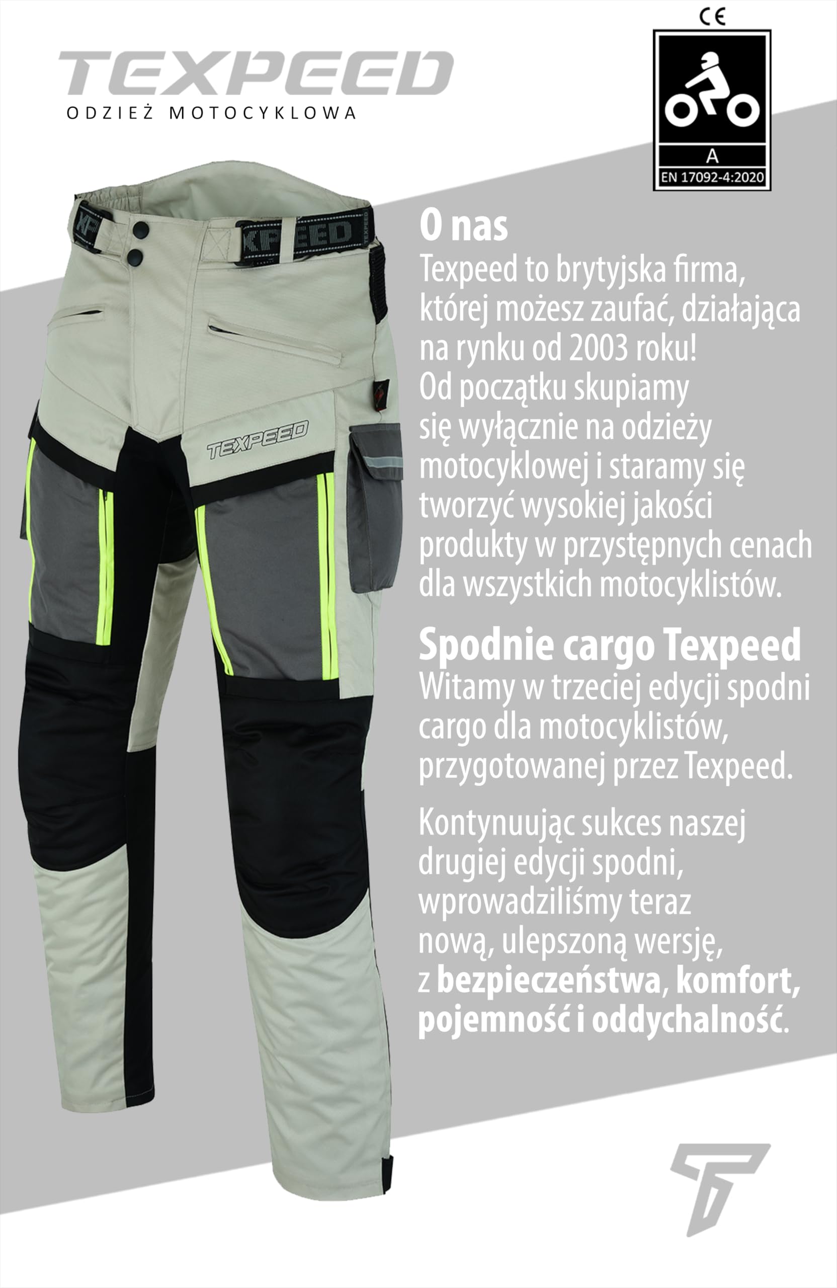 Texpeed Męskie spodnie motocyklowe wodoodporne spodnie motocyklowe z ochraniaczami (EN 1621-1) - Złamana biel - M
