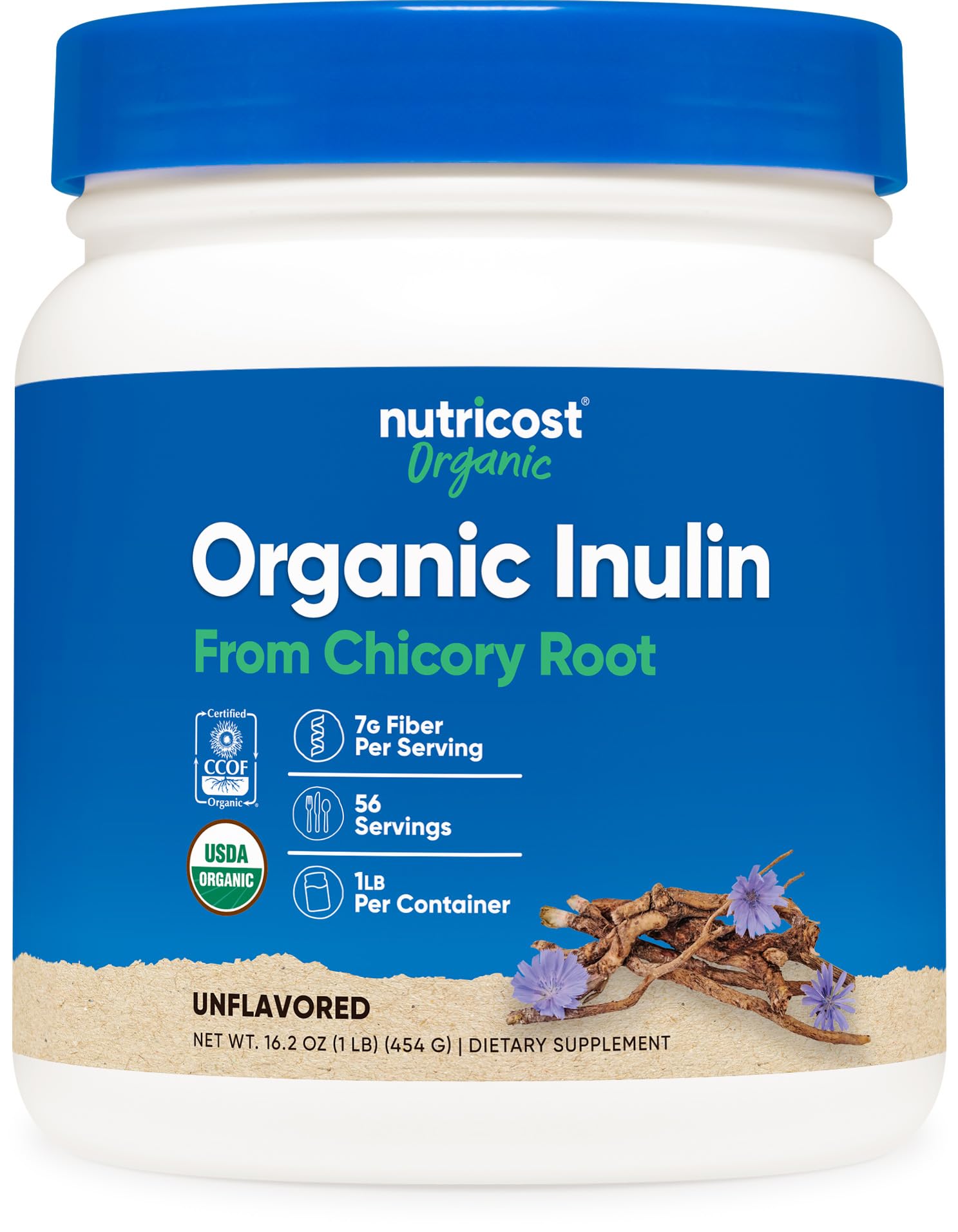 Organic Inulin Powder 1LB (454 Grams) 7 Grams of Fiber Per Serving - from Chicory Root - Certified USDA Organic