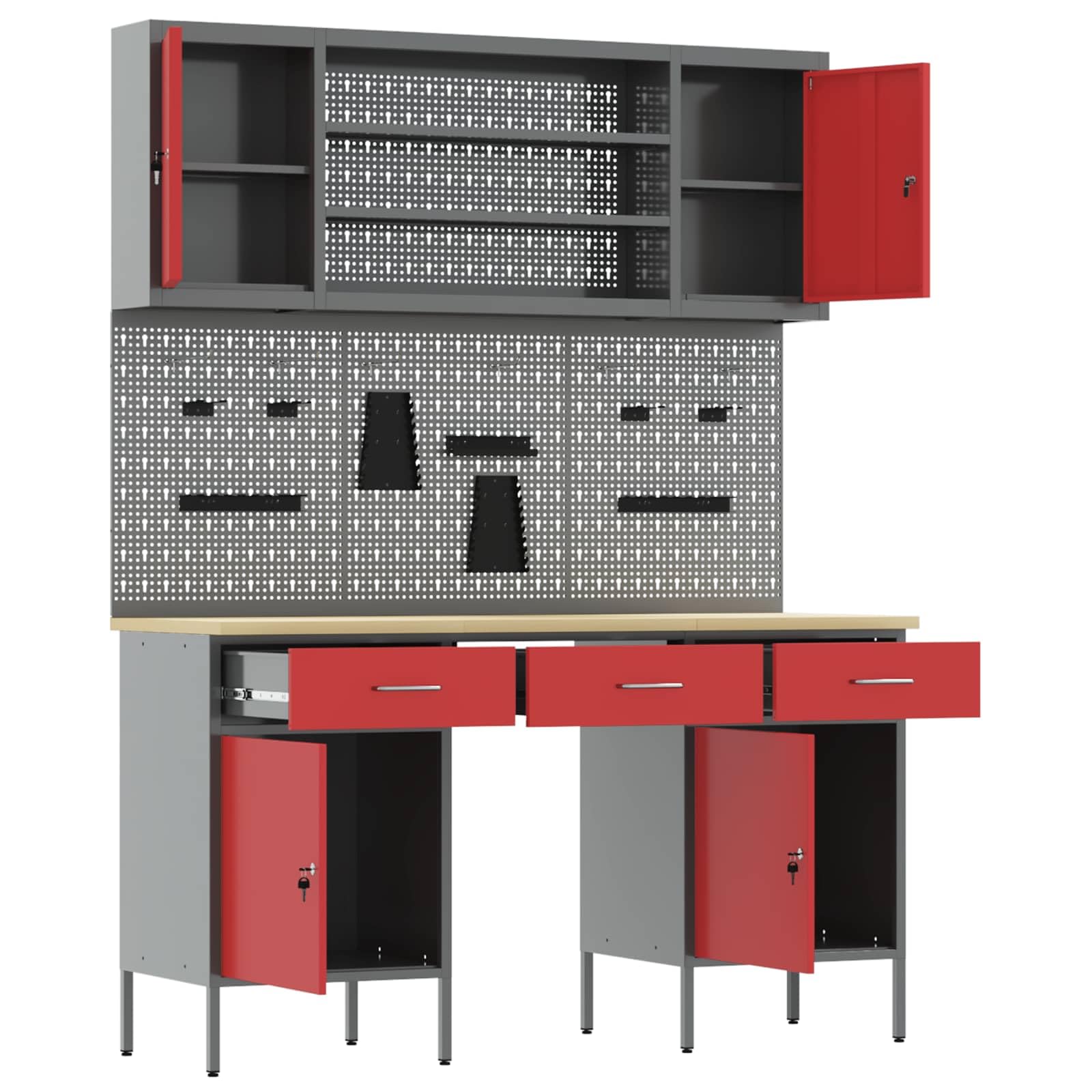 Moderne Werkbank mit 10 Schubladen, rot, aus Holz und Stahl für Werkstatt, robuste Aufbewahrung mit Loft-Design, einfache Montage