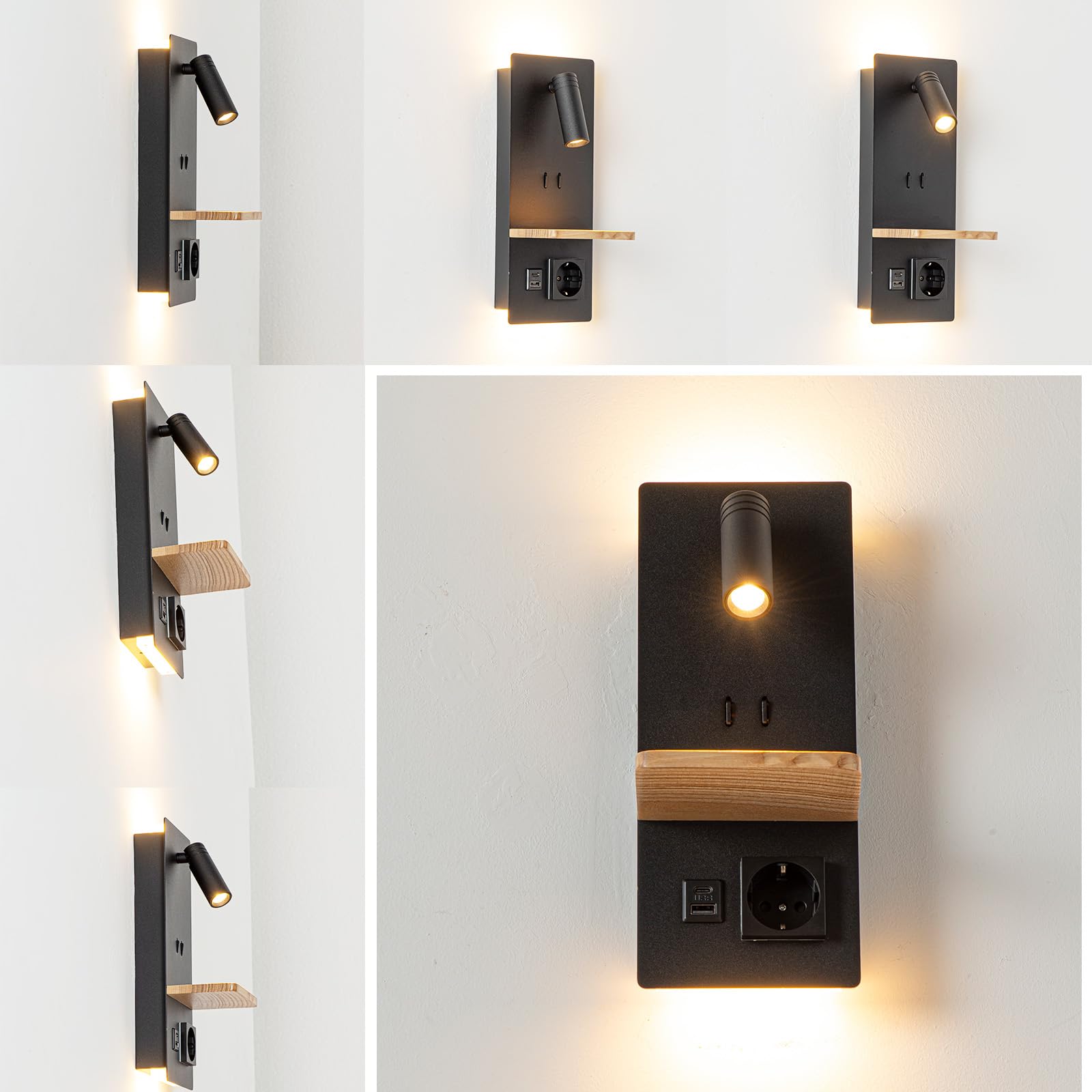 Alpinaluz Schwarze Wandleuchte mit schwenkbarem Leselicht, 3 W und Umgebungslicht, 6 W, 2800 K, USB-Ladeanschluss A+C, Schuko-Stecker und Holzregal für Schlafzimmer und Kopfteil