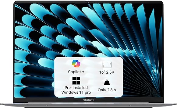 GEEKOM GeekBook X16 Pro 2.8 lbs Laptop, 16″ IPS 2.5K 16:10 Laptop Computer, Ultra 9 185H, 32GB LPDDR5x 7500MHz RAM 2TB SSD, Up to 17 Hour, USB4, Fingerprint, Dual Fan, Copilot, Windows 11 Pro