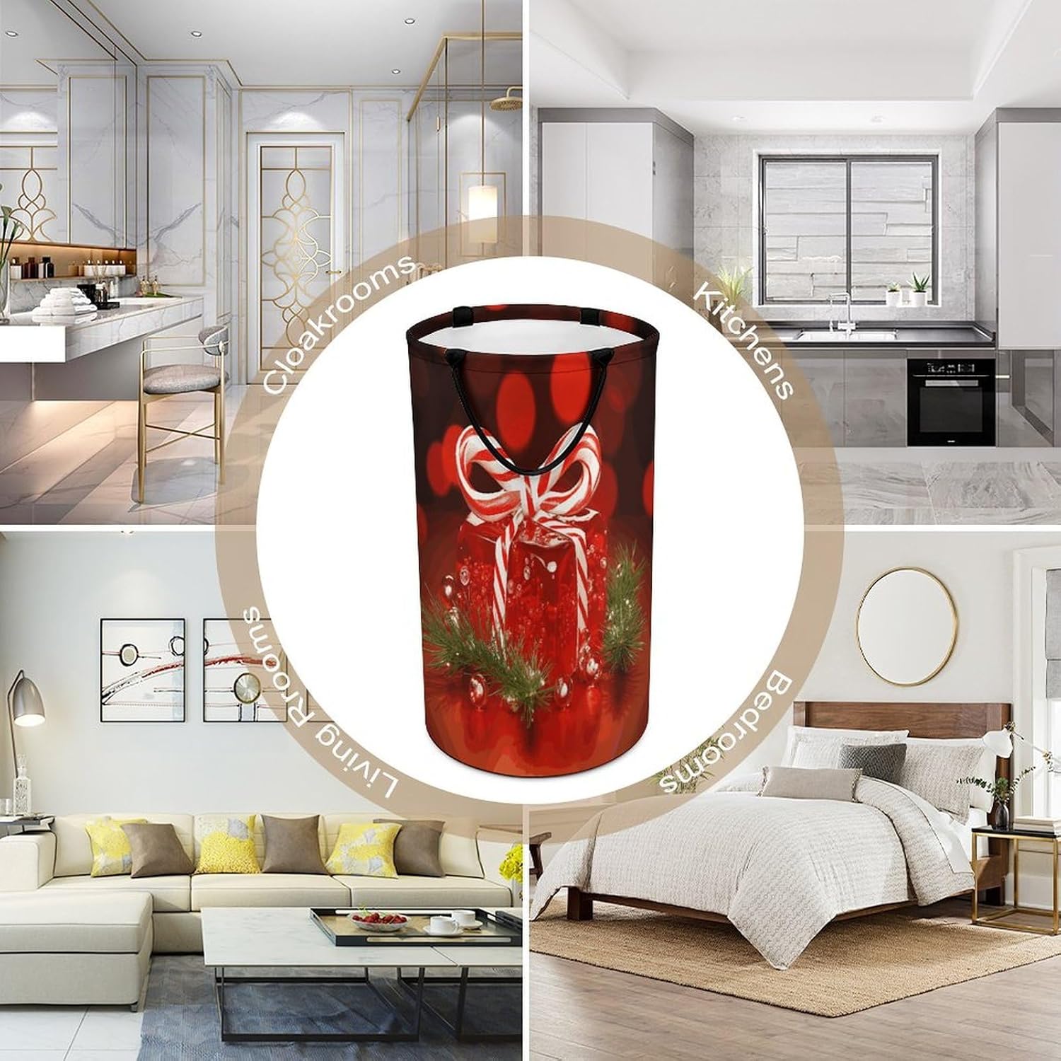 Red Christmas CandyLaundry Hamper - Large Dirty Clothes Bag.Storage Basket for Easy Carry Handles. Large Clothes Basket with Handles, Clothing Storage Bucket Toy Organizer for Bathroom Bedroom Dorm.