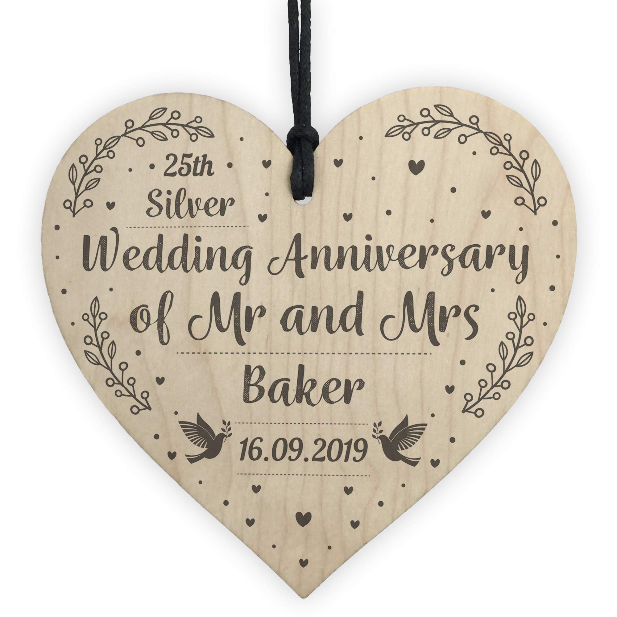 Red Ocean 25th Silver Wedding Anniversary Personalised Wood Heart Mr & Mrs Keepsake Sign