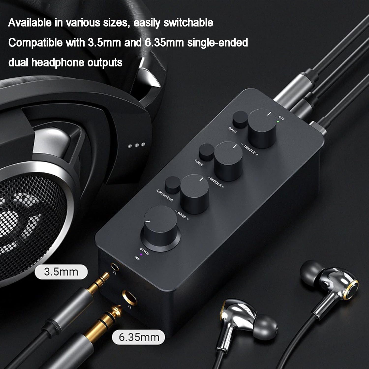 Amplificador ecualizador de auriculares, amplificador analógico portátil clase A, con conectores de 3.5 mm y 6.35 mm, control de tono de agudos de rango medio de graves y compensación de