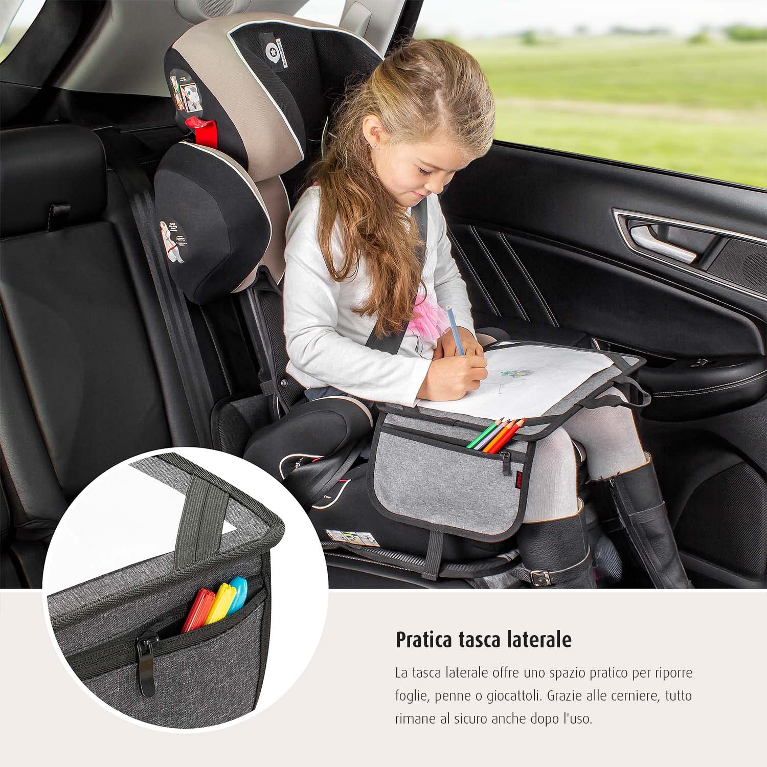 reer TravelKid Play - Kit per colorare per viaggi, leggero e stabile, con tasche pratiche, impermeabile, antimacchia, grigio