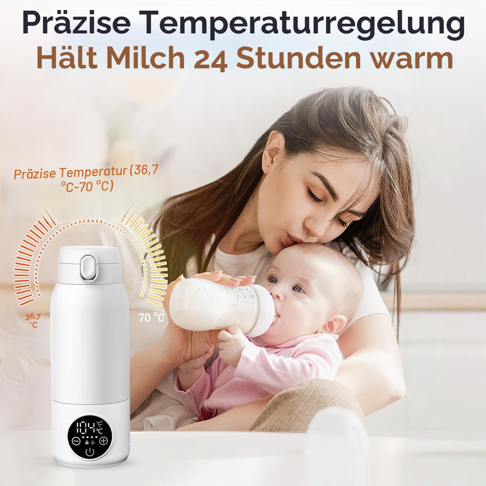 Tragbarer Flaschenwärmer Baby für Unterwegs, Zwei Heizmodi für Muttermilch und Wasser, Schnelles Aufheizen und Lange Akkulaufzeit, 500ml Kapazität, für Auto-und Flugzeugreisen
