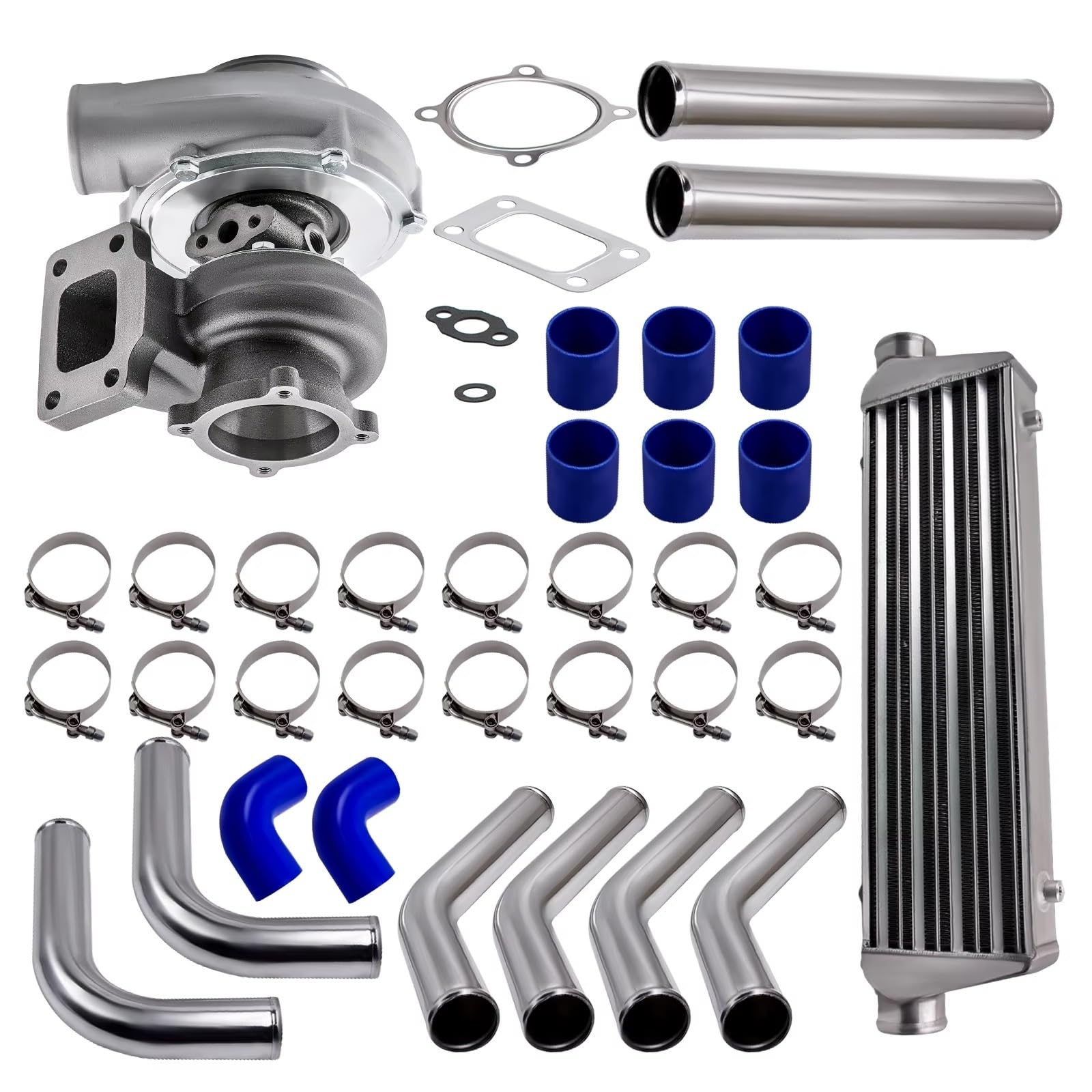 Accessoires Compatible avec Tous Les Moteurs 4/6 Cylindres Et 2,5 L À 6,0 L GT35 GT3582 T3 AR.70/63 600+ch Kit pour Turbo + Intercooler + Tuyauterie