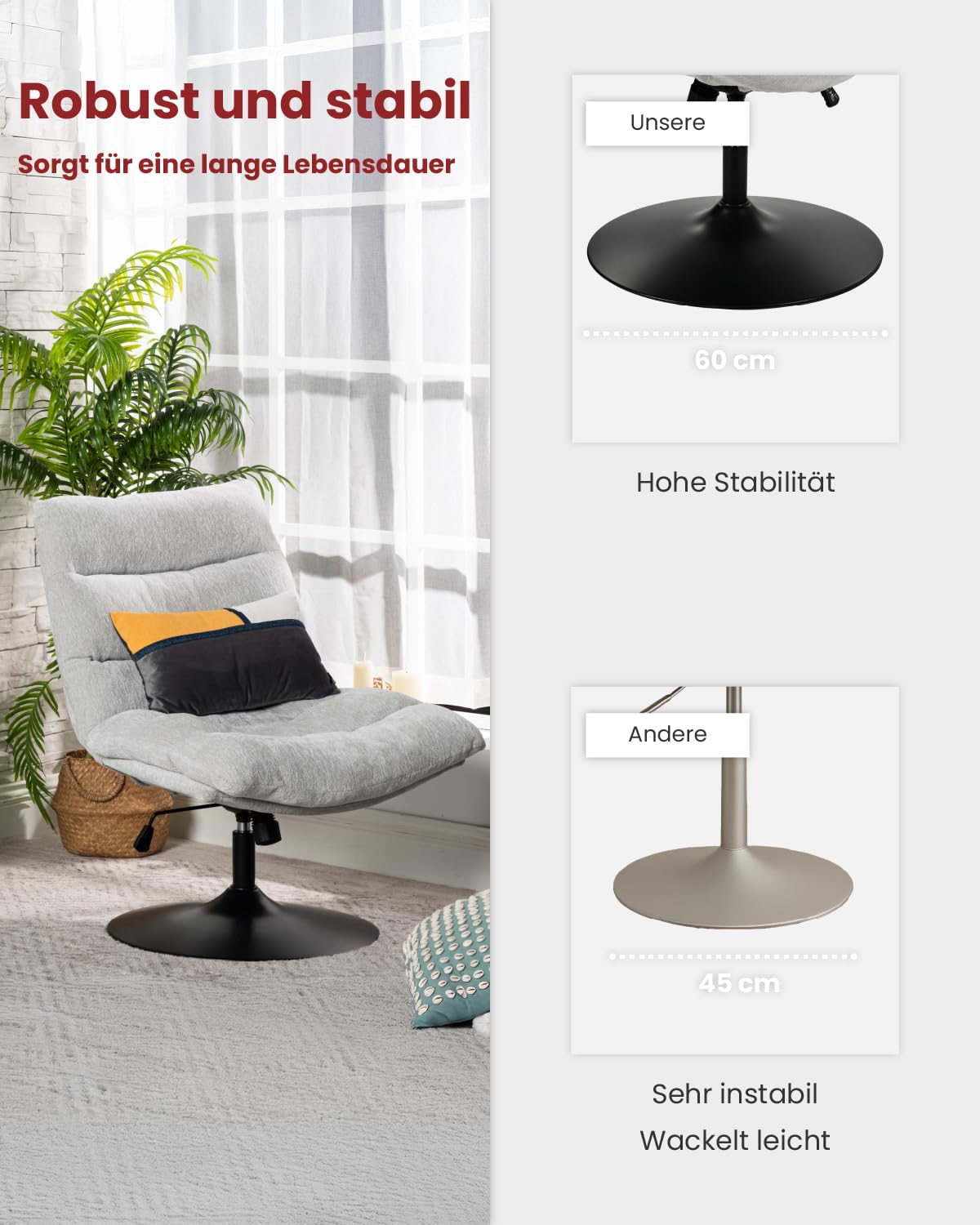 MEUBLE Cosy Sessel Lehnstühle Lounge Bürostuhl mit höhenverstellbar Wippfunktion Relaxsessel 360° Drehbar Schminkstuhl Polsterstuhl für Schlafzimmer Wohnzimmer Büro Vanity, Chenille-Stoff, Grau
