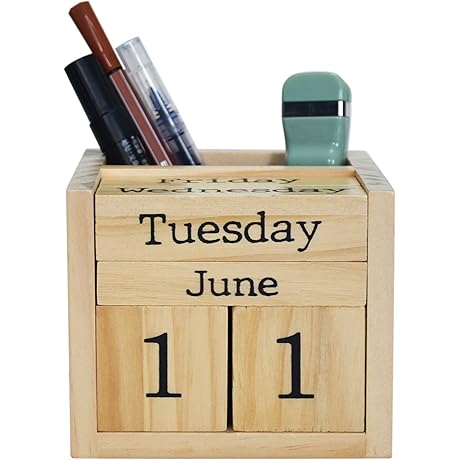 Natural Pine Wood Block Perpetual Calendar Organizer
