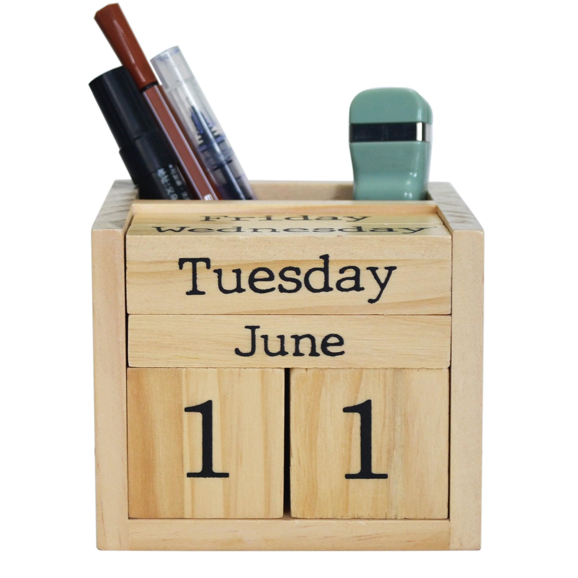 EXQUIDECA Wooden Blocks Perpetual Calendar with Pen Holder - Natural Pine Wood Home Office Desk Organizer -Reusable Date Week Month Accessories Tabletop Ornament