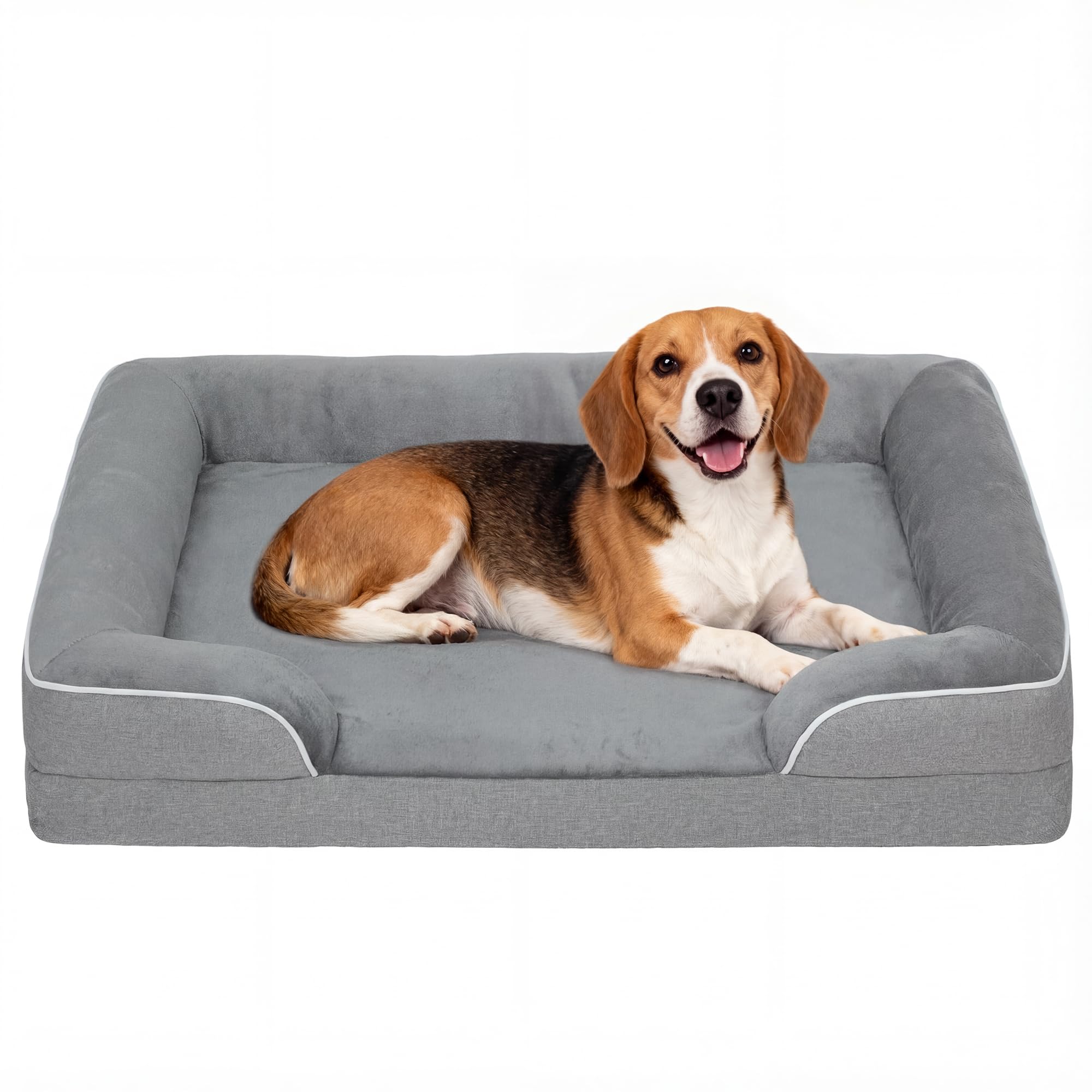 PawHut Memory Foam Dog Bed Sofa, Washable Orthopedic Dog Bed Couch with Removable Flannel Cover, 3-Sided Pet Pillow with U-Shape Bolster, Non-Slip Bottom, Grey, 91.5 x 68.5 x 16.5 cm