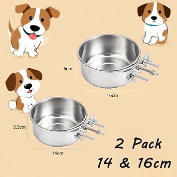 Hanging Stainless Steel Pet Bowls (2 Pack) - Quick Lock Food & Water Bowls for Kennel Crates & Cages, Fits Dogs, Cats, Birds, Small Pets (14-16cm)