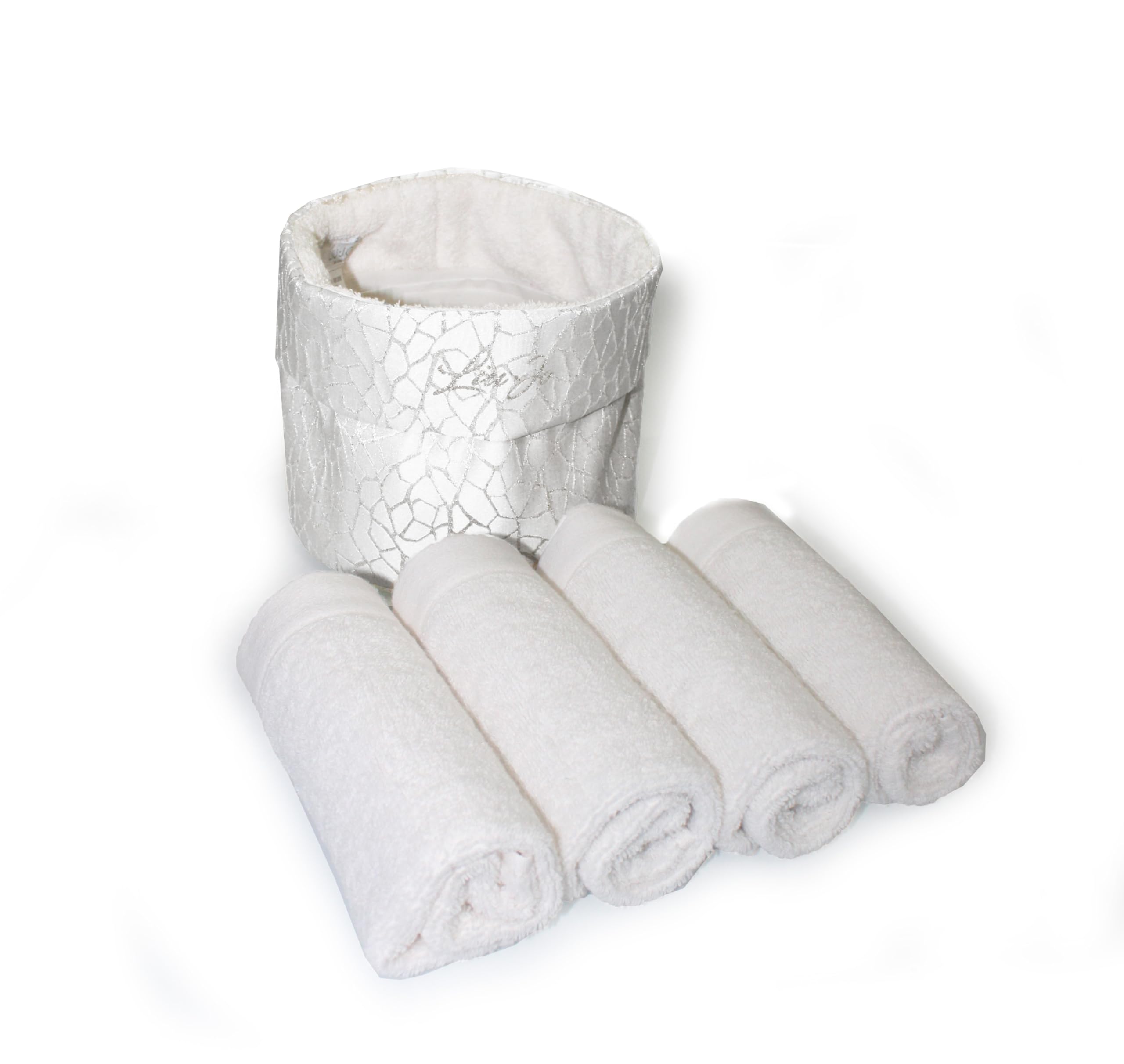 Russo Tessuti Confezione da Bagno Cestino + 4 Lavette Ospiti in Spugna Idea Regalo LIUJO Lurex-Argento