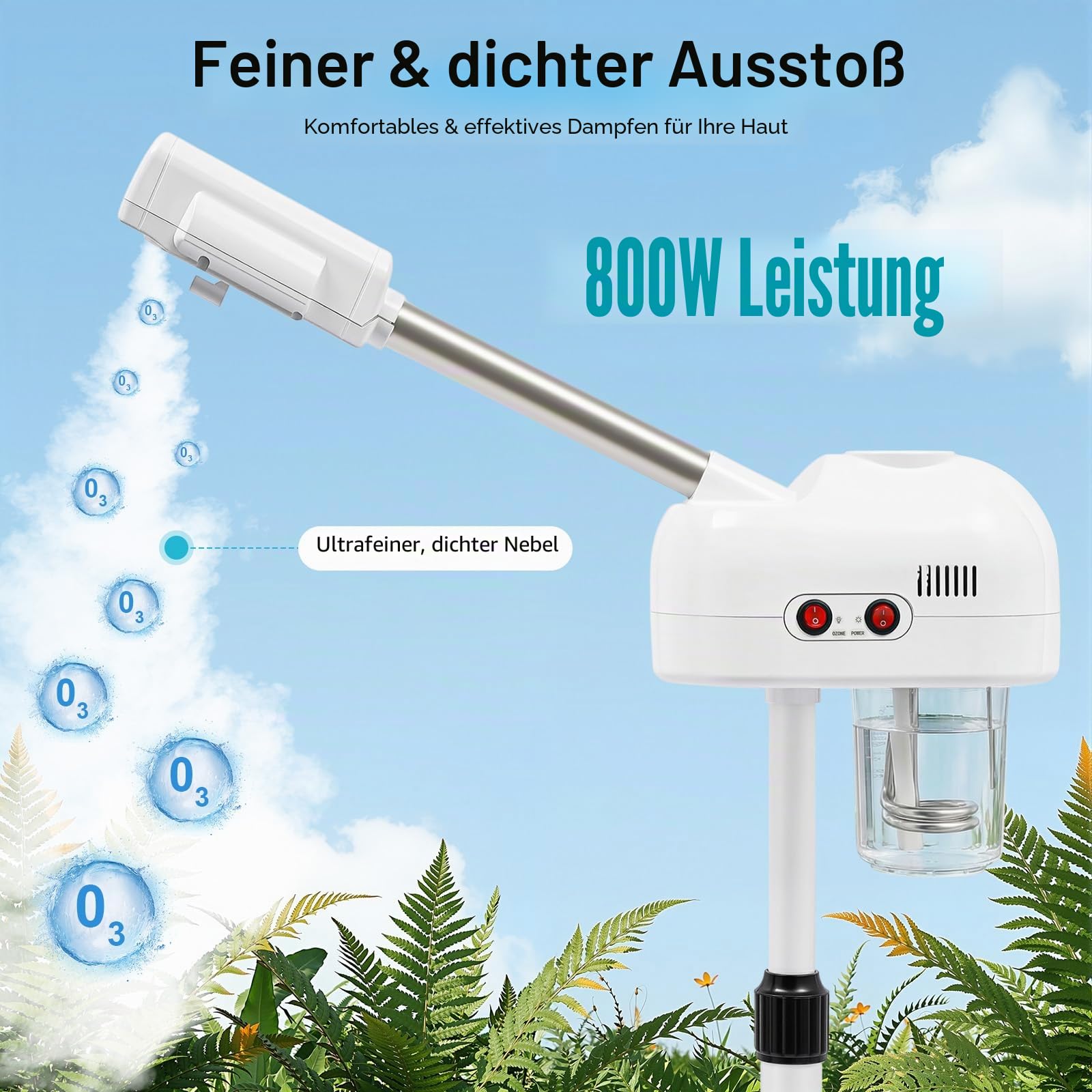 Gesichtsdampfer 800W mit Eisenständer Professioneller 2 in 1 Ozon Dampfgerät mit 360° Drehdüse für Salon & Zuhause 750ml