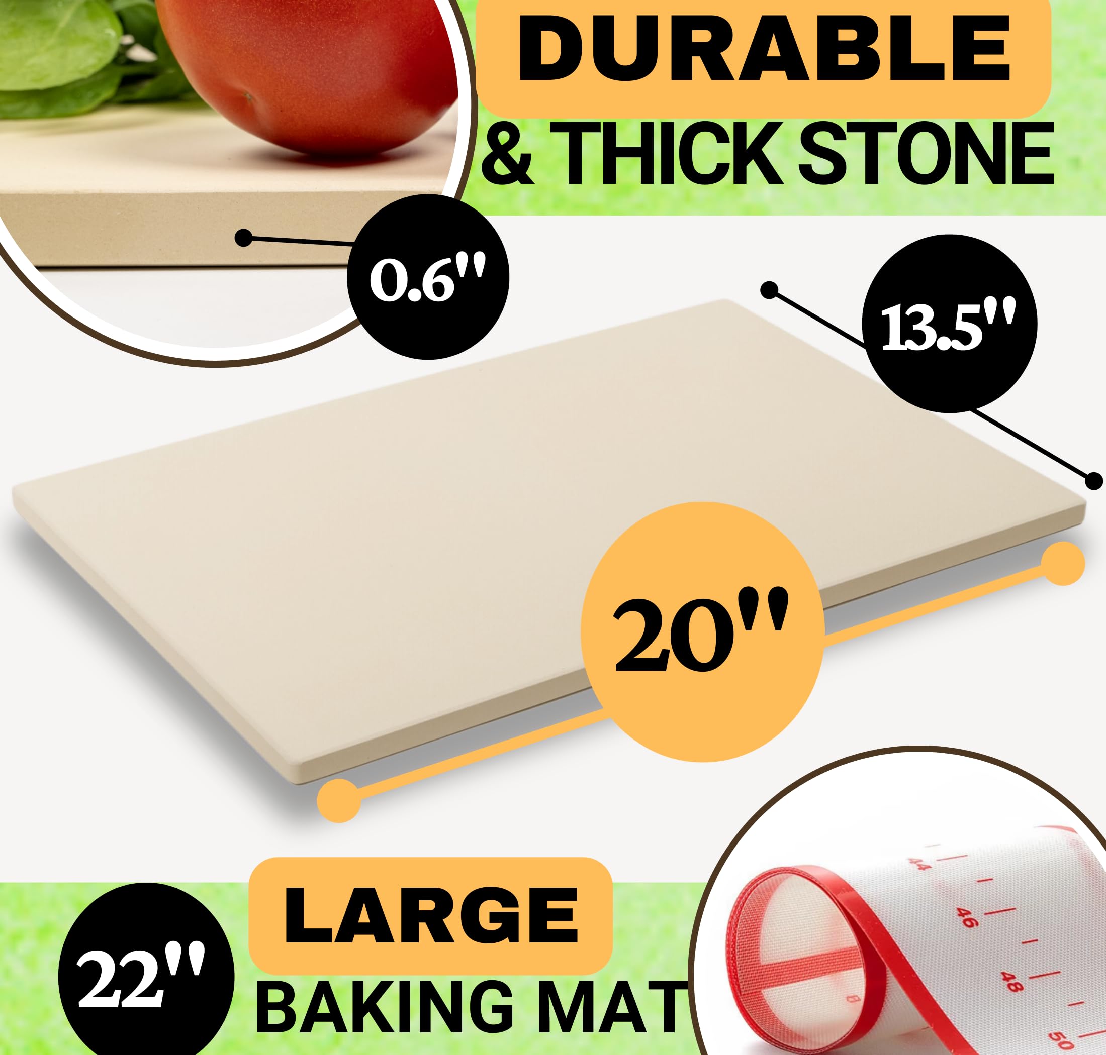 Großer 50,8 cm Backstein für Ofen, mit Silikonmatte und Teigwerkzeug – Pizzastein für Grill – rechteckiger Pizzaofenstein – Brotbackstein – dicker robuster Stein 50,8 x 34,3 x 1,5 cm