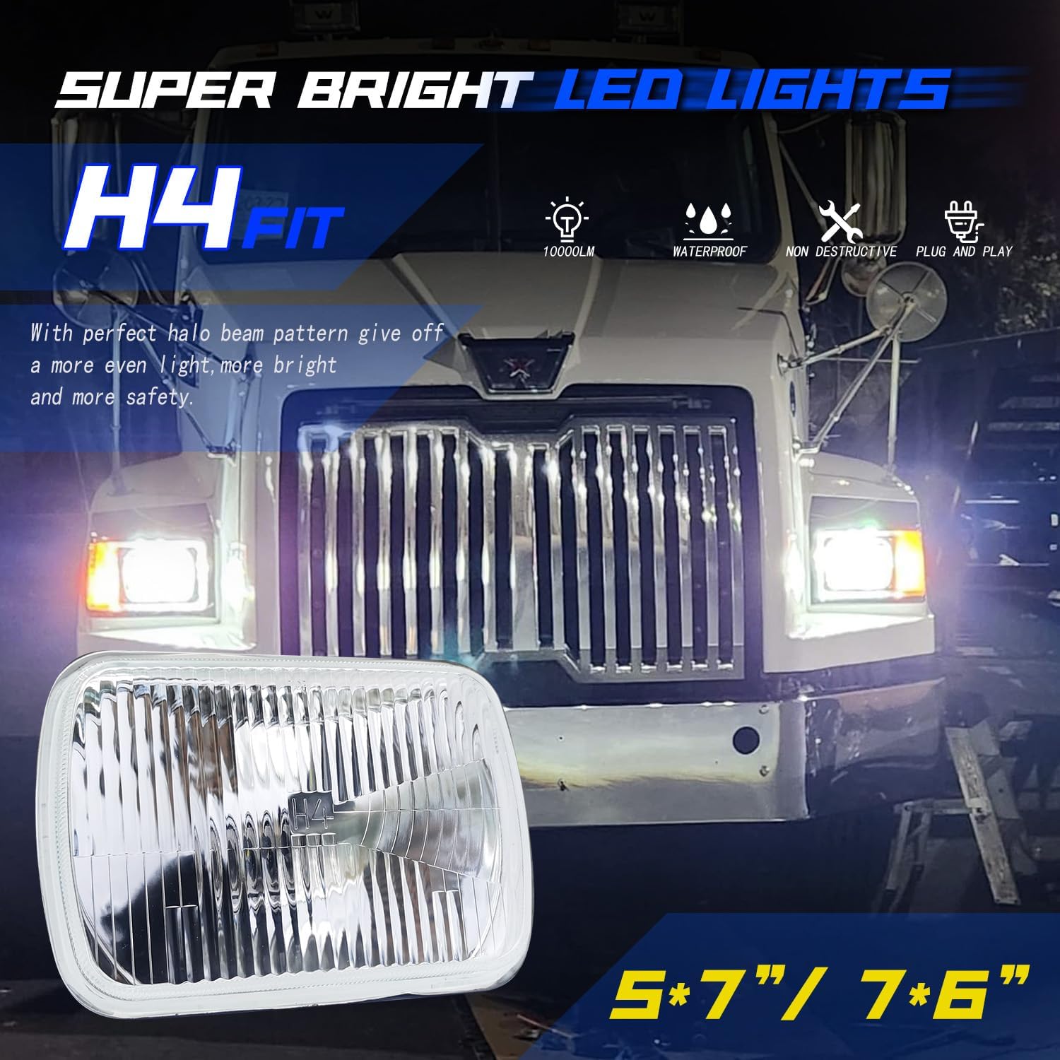 For Toyota Pickup 1982-1995 Tacoma 1995-1997.LED Light Bulbs,7x6 inch H6054 Headlight Square Glass Lens Housing+H4 High&Low Sealed Beam Headlight Lamp for Cars, Truck and Van, 4 PCS
