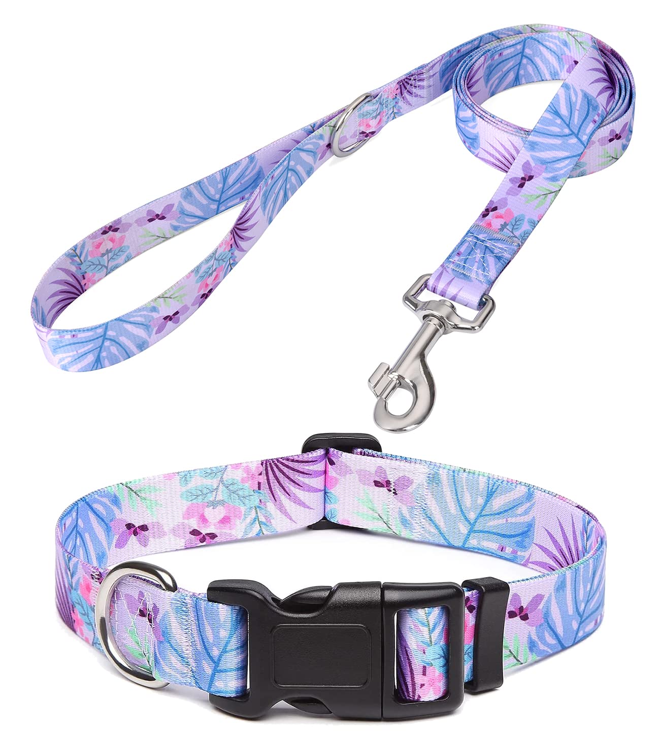 Mihqy Dog Collar and Leash Set with Bohemia Floral Tribal Geometric Patterns - Soft Ethnic Style Collar Adjustable for Small Medium Large Dogs(Purple