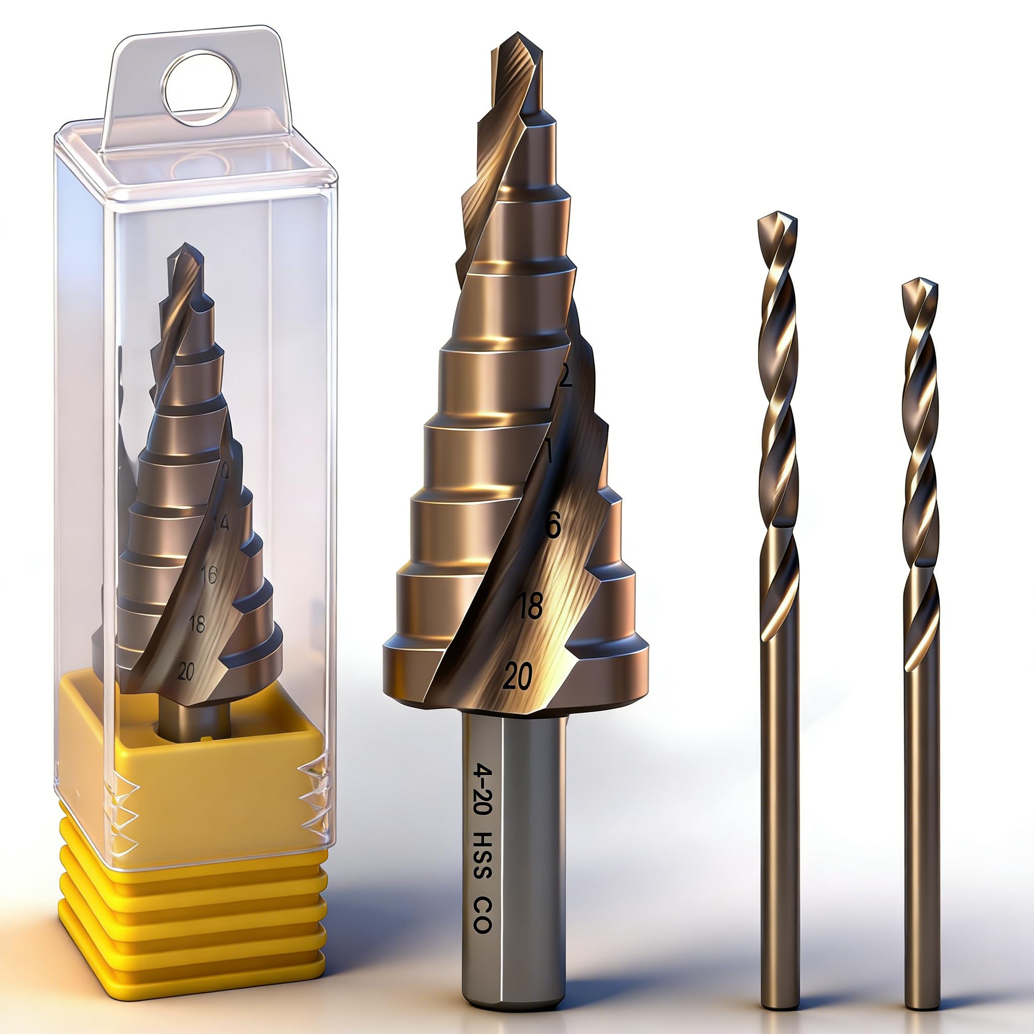 Broca escalonada M35 de 4 a 20 mm, para metal M35 HSS CO, broca escalonada, broca cónica con 9 niveles para acero inoxidable, acero estructural, metal no ferroso, madera y plástico con 2 brocas en