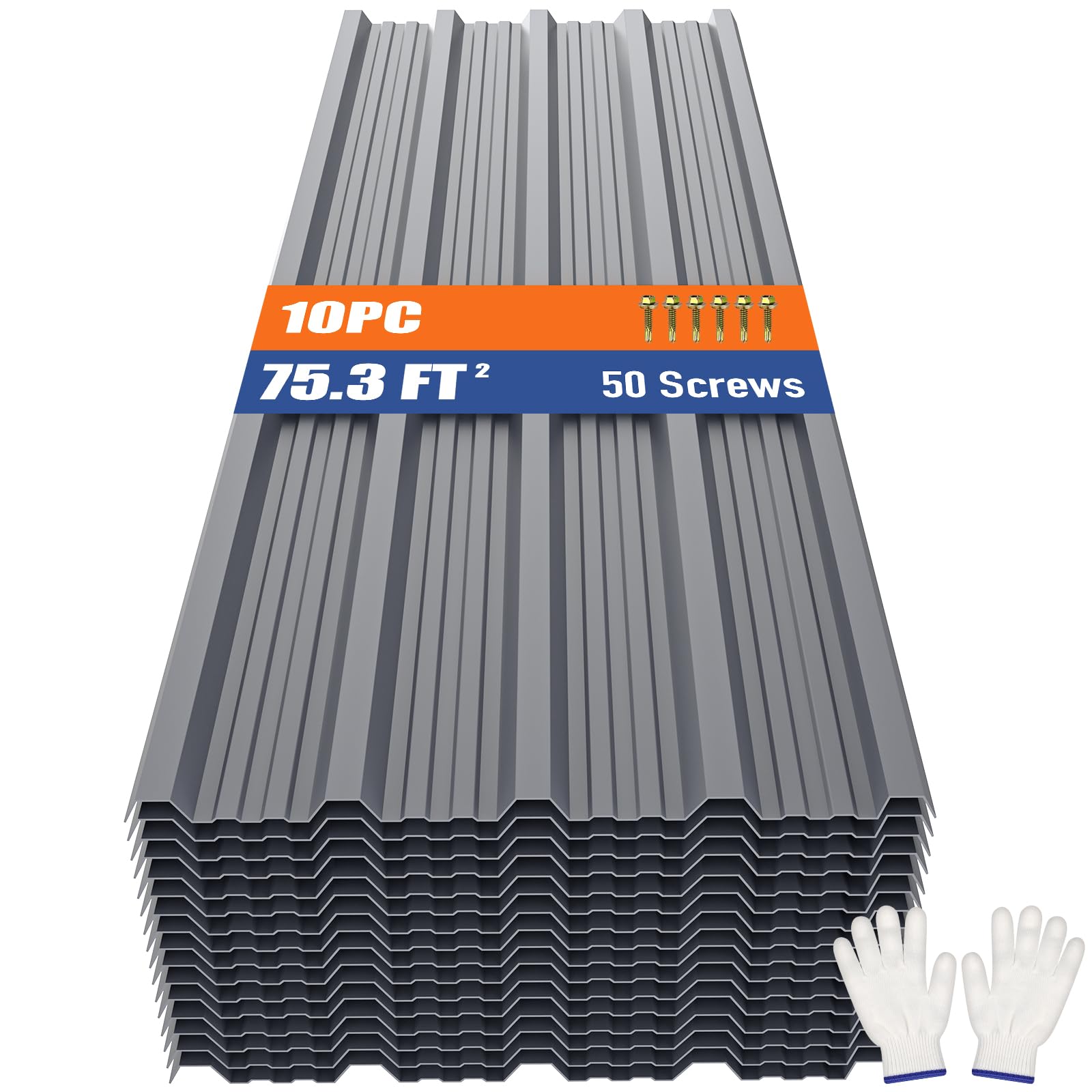 Photo 1 of Brakki Corrugated Metal Roofing Panels 10pcs 75.3 ft², Grey Galvanized Steel Roof Panels with Screw, Heavy Duty Metal Siding Suitable for Garages Chicken Coop Sheds Stables Patio