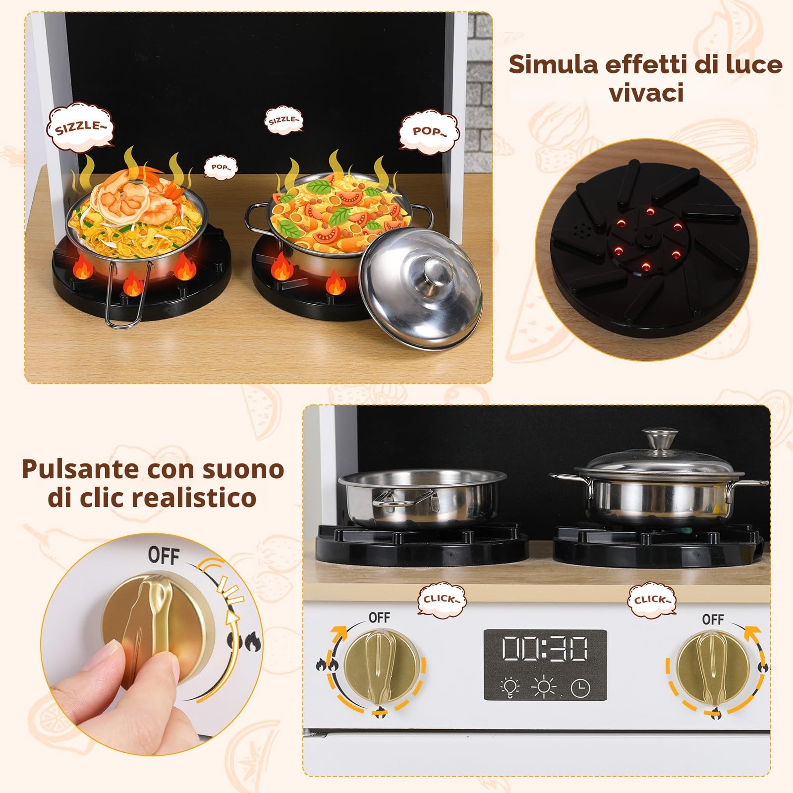 MAMIZO Cucina Giocattolo per Bambini Legno, con Effetti Simulati di Luce e Suono, Cucina Bambini con 2PCS Scatole Portaoggetti, Cucinetta Giocattolo per Bimbi da 3 Anni, 90x30x90 cm, Bianco