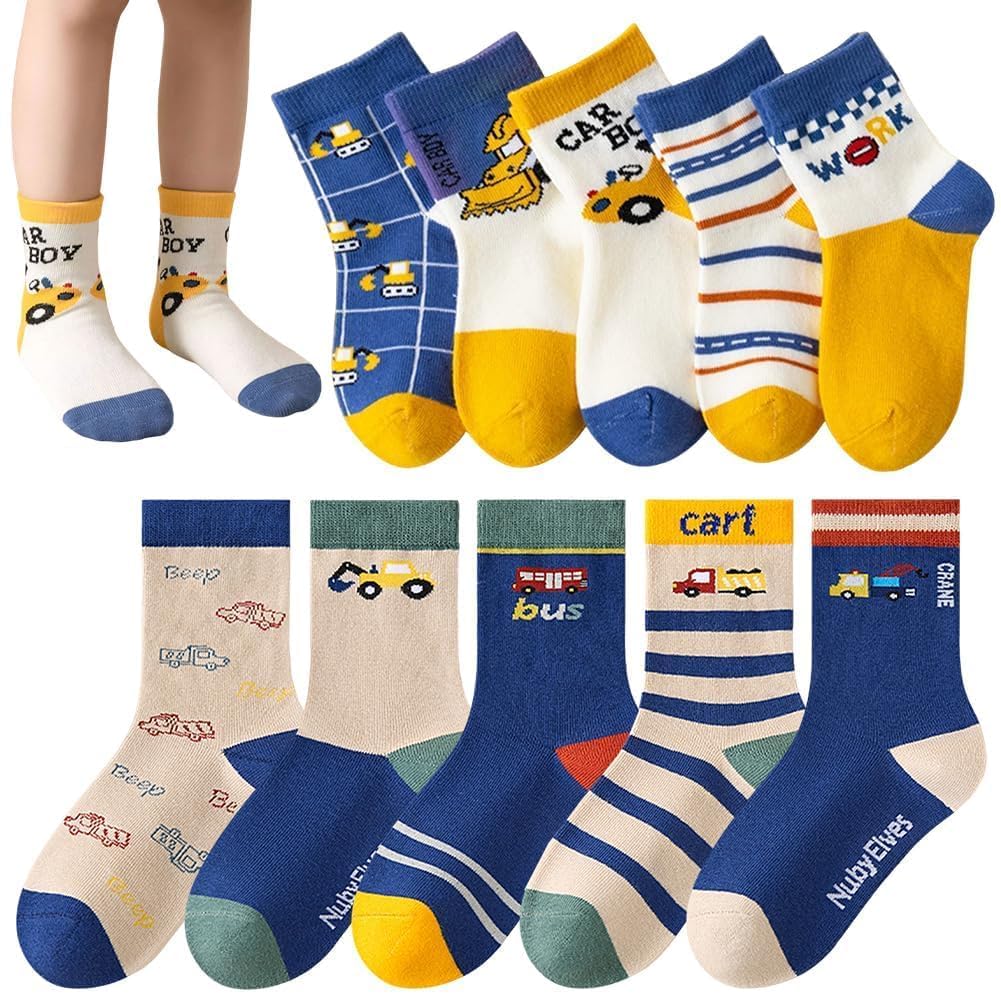 Excavator Socks 10 Pairs Boys Cartoon Sock Kids Crew Socks Anti Skid Sock Organic Cotton Design Cosy Breathable Multicolour Novelty Optional Size for Age 1-3 Year