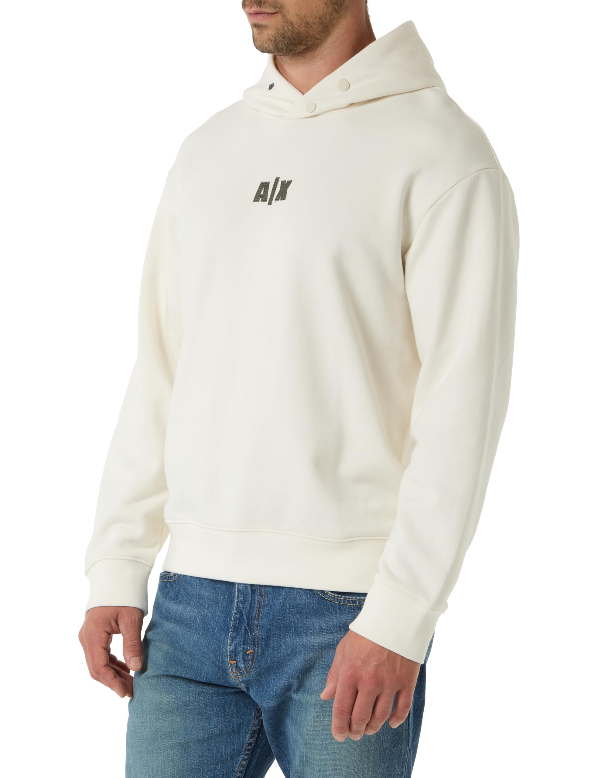 Armani Exchange Men's Front Back Embroidered Logo Buttoned Hoodie,Hooded Sweatshirt,White,XS