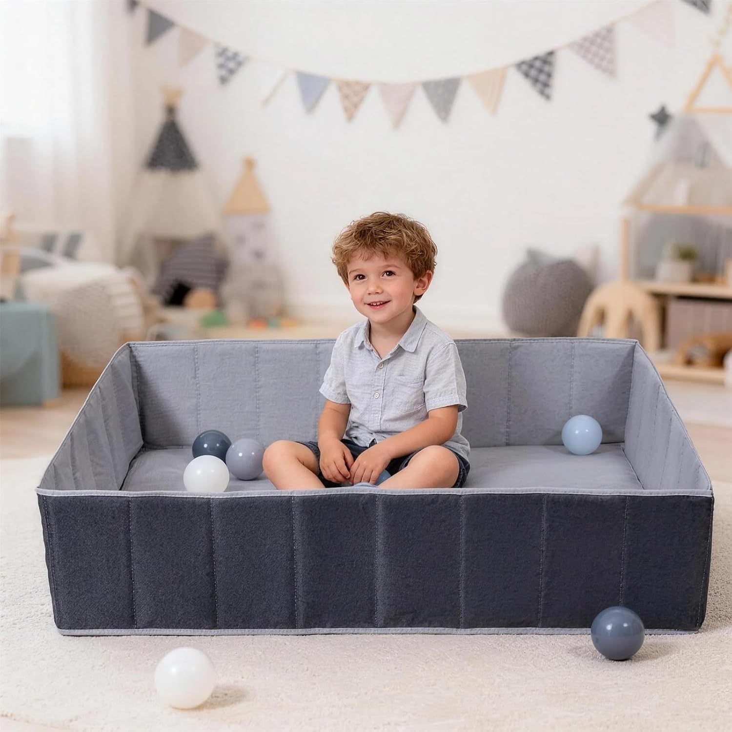 Ball Pit for Toddlers Baby Girls Boys Dogs with Play Mats as Playpen, Fence, Rectangle Oxford Cloth Portable & Foldable (Gray)