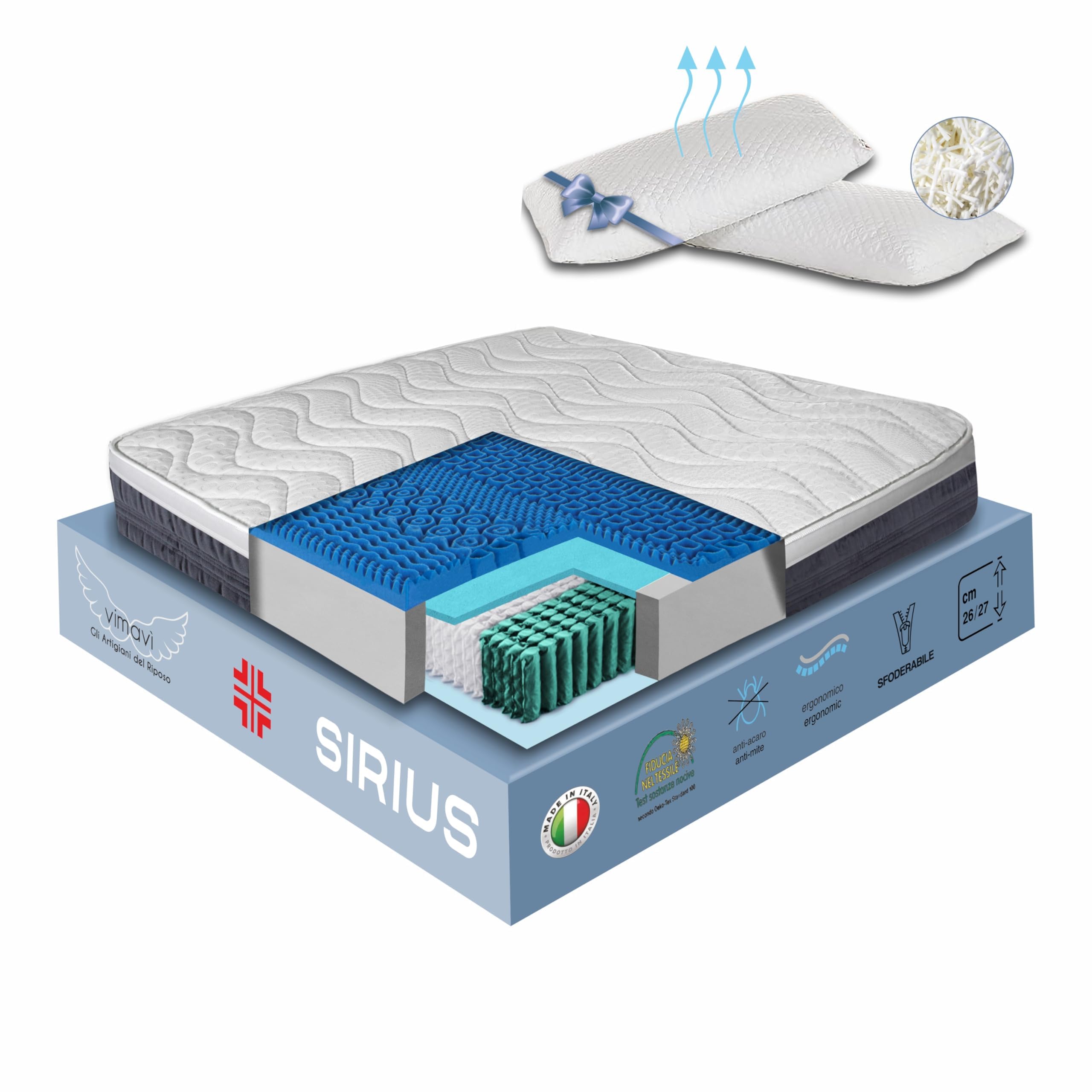 vimavì Materasso Matrimoniale Molle Insacchettate e Memory Foam BluGel 160x190 - H26/27 cm - Disp. Medico - Sfoderabile e Anallergico - Coppia Cuscini Omaggio - Termoregolante - Made in Italy - SIRIUS